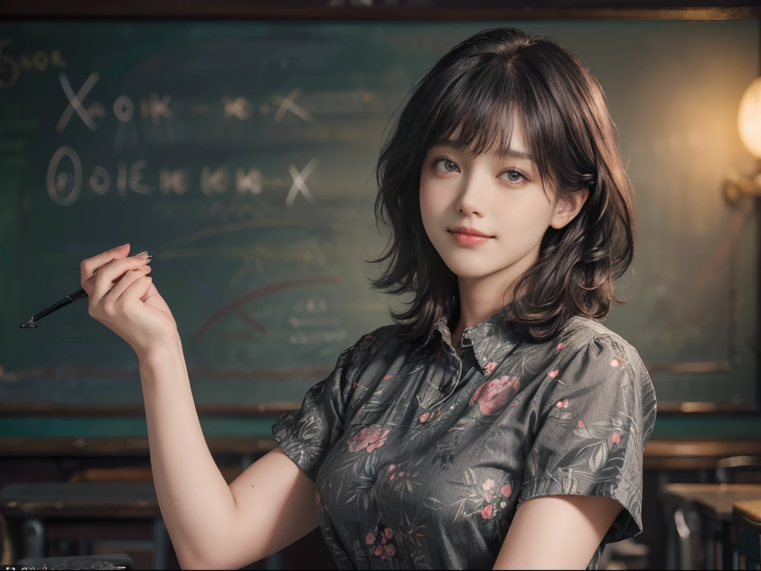 (Black Shorthair:1.5), (a 20 yo woman), (T-shirt design), (Floral clothing), (Breast bulge),((Being in the physics classroom)), (A hyper-realistic), (Relaxed), (Increased resolution), (8KUHD), (Extremely detailed), (Best Illustration), (Beautiful and detailed eyes), (Best Quality), (ultra-detailliert), (masutepiece ), ( Wallpaper), (Detailed face), Fine details, Deep Shadows, lowkey, Smiling, (There is a picture of Einstein), (There are plenty of physicist photos), (Solving the formula on the blackboard), Standing in front of the blackboard