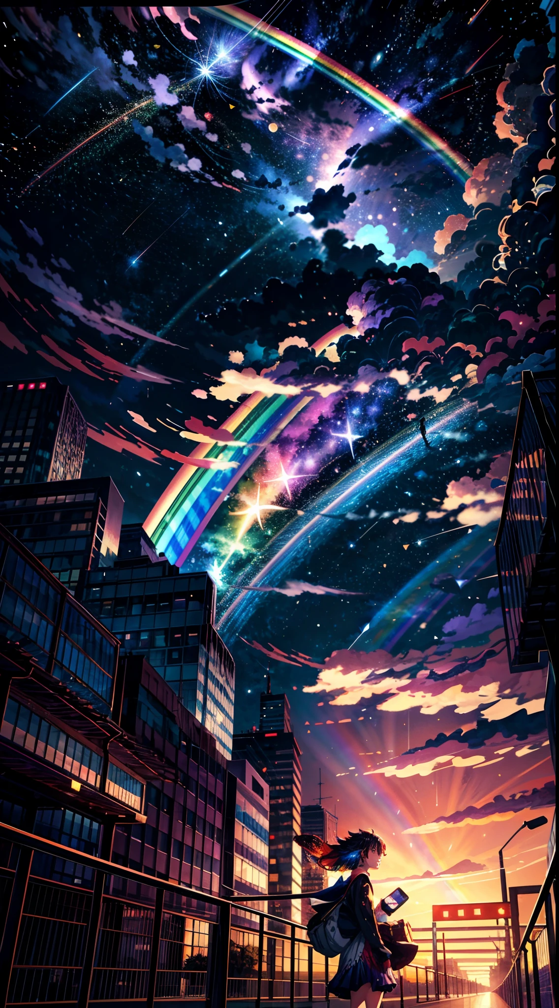 ((Rainbow Giant Shooting Star))、Anime girl looking at big city landscape,Near Future City、 makoto shinkai cyril rolando, anime art wallpaper 4k, anime art wallpaper 4k, Anime art wallpaper 8k, inspired by Cyril Rolando, in the style dan mumford artwork, amazing wallpapers, by Yuumei