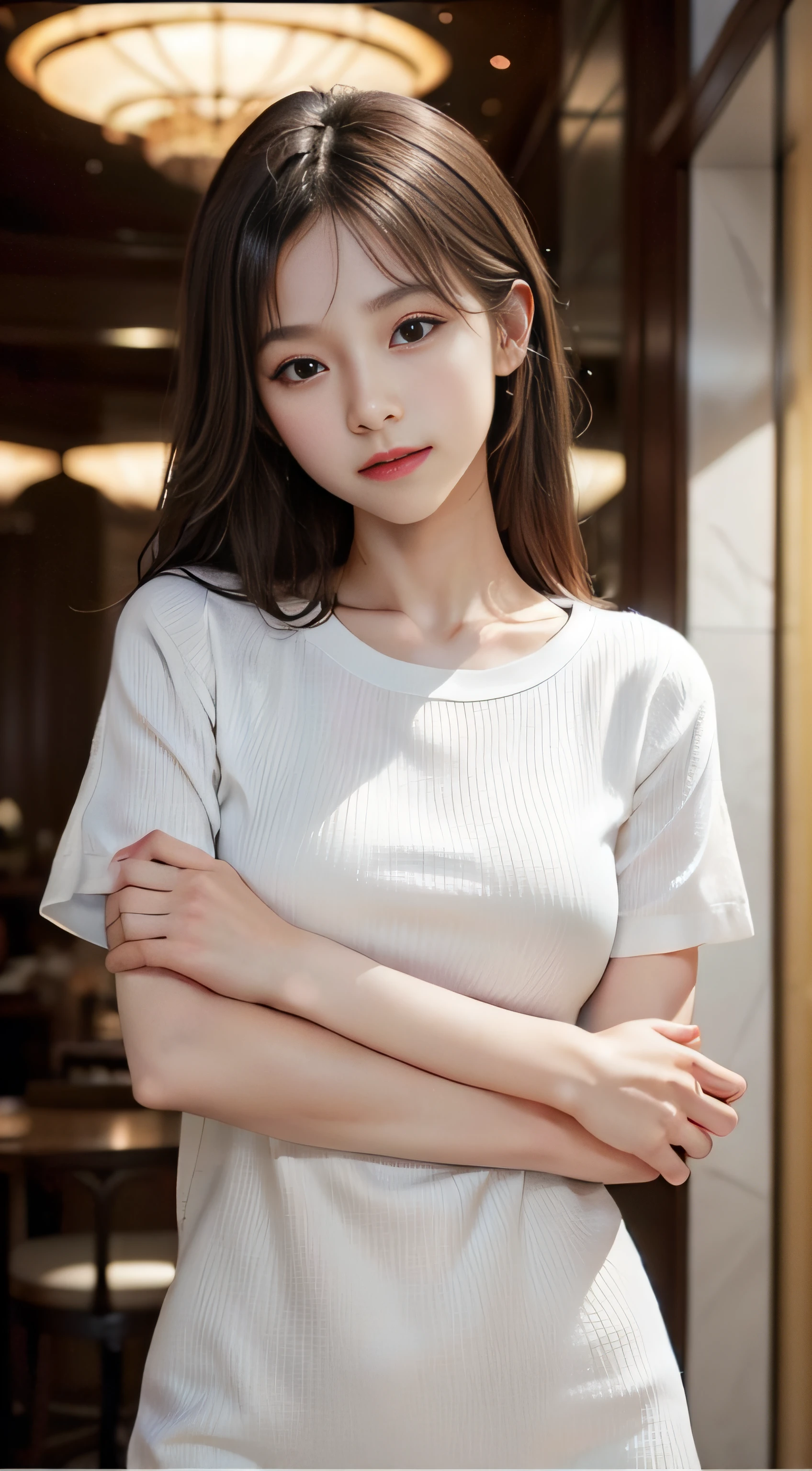 masterpiece、Top image quality:1.2、((beautiful young woman with))、Transparent skin:1.2、{A slight smil}、(kawaii)、Short sleeve knit、luxury hotel、depth of fields