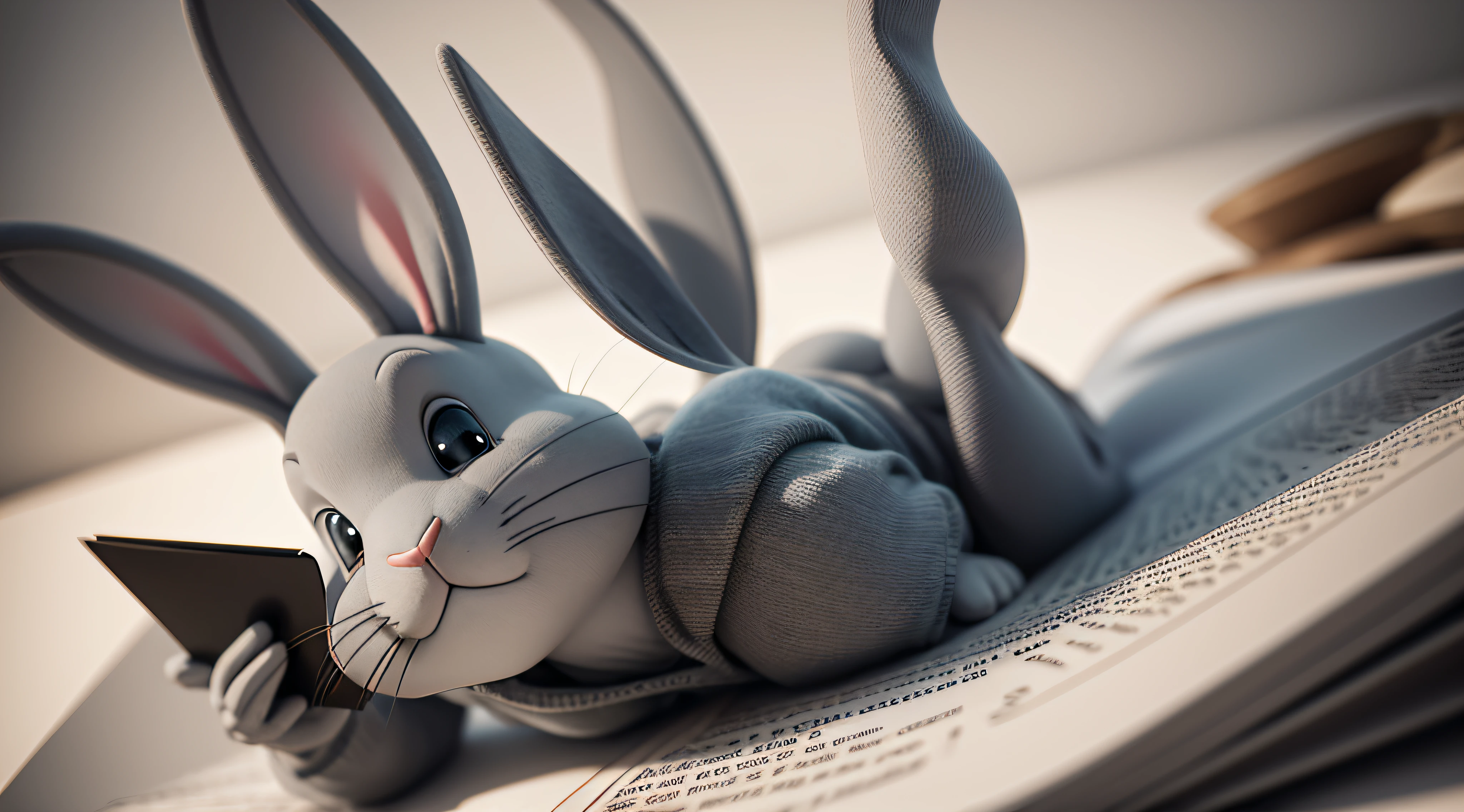 Animated 3d grey rabbit, accurate. Mouth facing the lens. Telling a story from a book