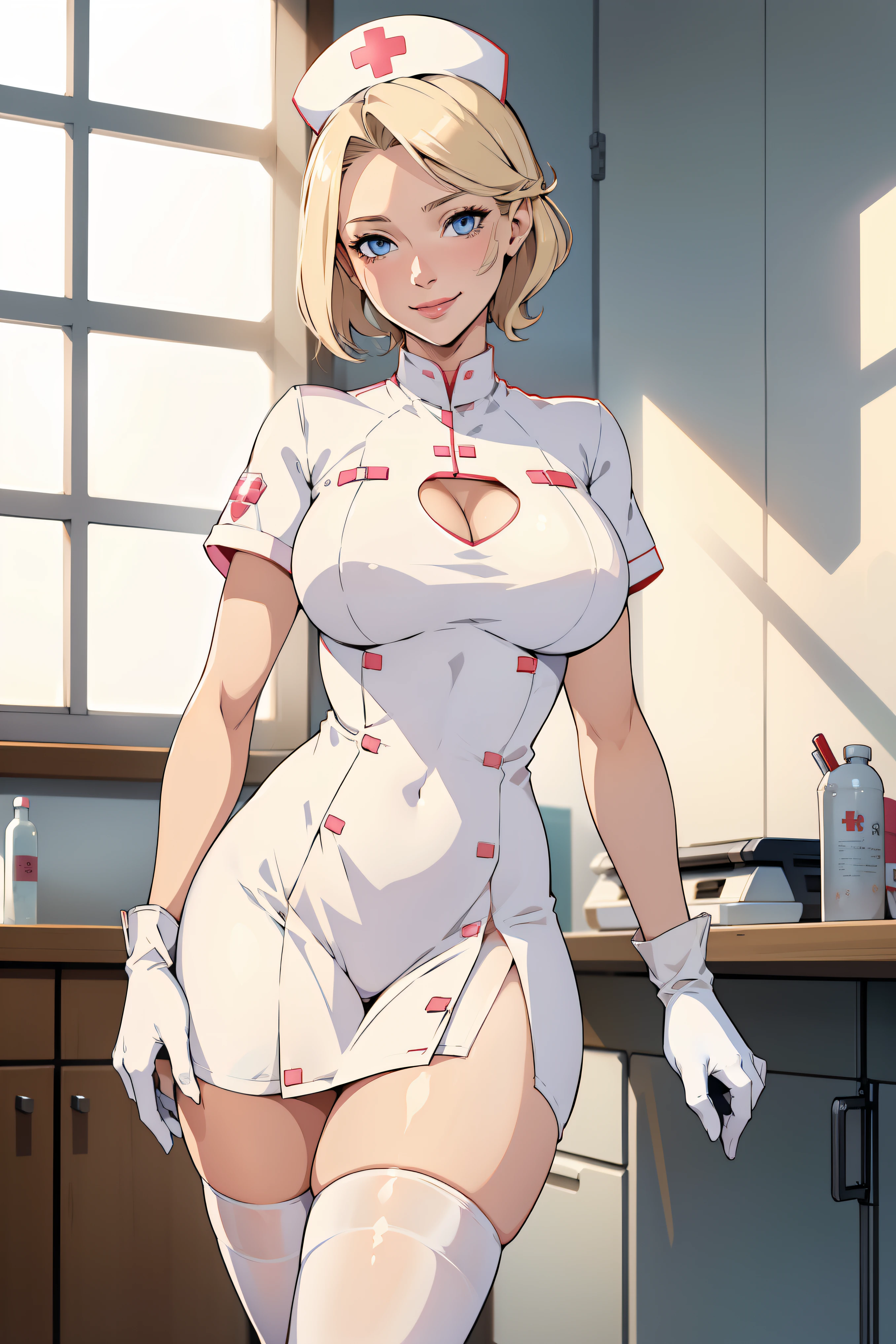 1woman, Nurse, wet leotard, Nurse Cap, Whiteware, ((White legwear, zettai ryouiki)), tight gloves, White Gloves, blonde hair, Blue eyes, pink lipsticks, Smile, Standing, view from the side, head turned to back at viewer, sharp outline, Short sleeves, a mature female, 35 year old, Best Quality, masterpiece, infirmary, As chest shows, medium breast, chest escaping, rain on face, sensuous pose, tit visible