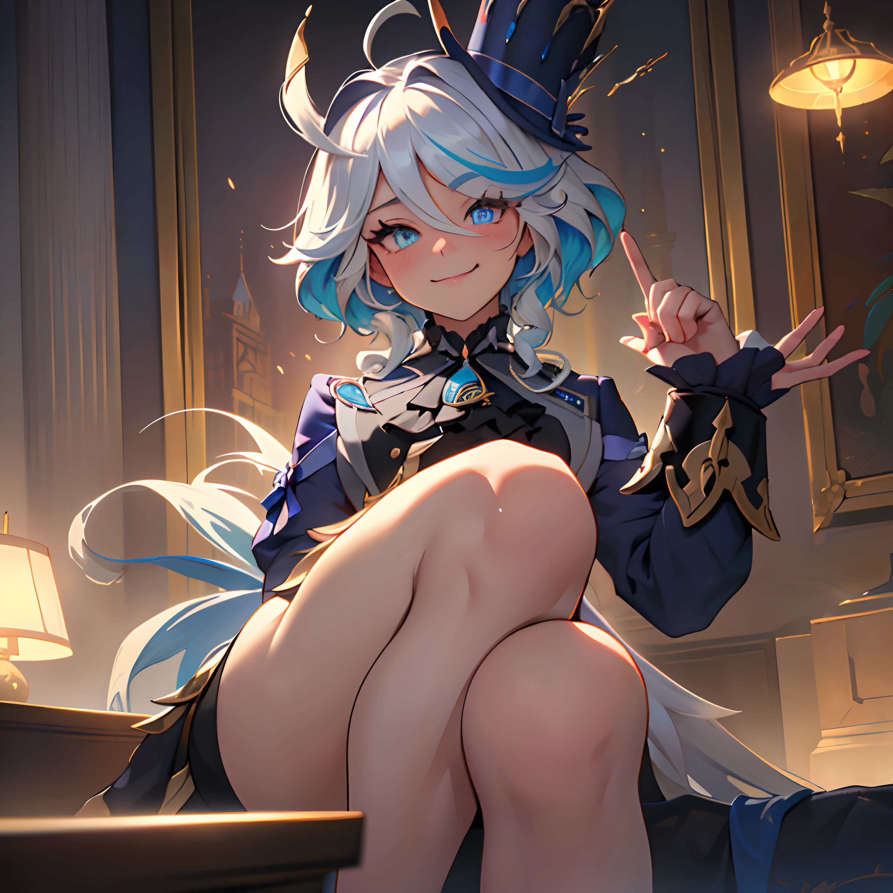 Furina, Surrealism, 8k, super detail, hydro aarchon, thicc thighs, sitting, bratty face, smug, beautiful eyes, genshin, masterpiece, best quality, ultra-detailed, illustration, epic lighting, cinematic composition, isometric, 1girl, solo, cute,enchanting gaze, captivating pose, indoors, looking at viewer, blush, seductive smile, closed mouth, bratty, smug(8k:1.1),