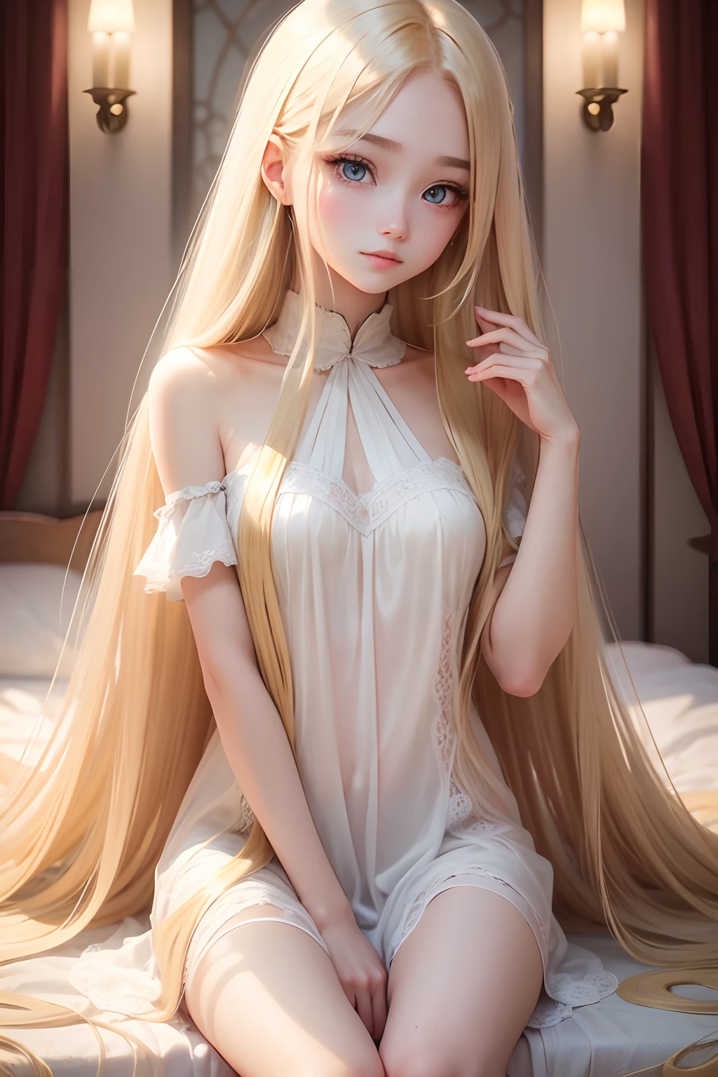 Beautiful 18 years old、Dazzling super beautiful super long blonde straight silky hair、Hair between the eyes、Very cute beautiful sexy beautiful girl、Very perfect and beautiful cute face、Glowing clear beautiful pale bright colored eyes、Pure white beautiful s...