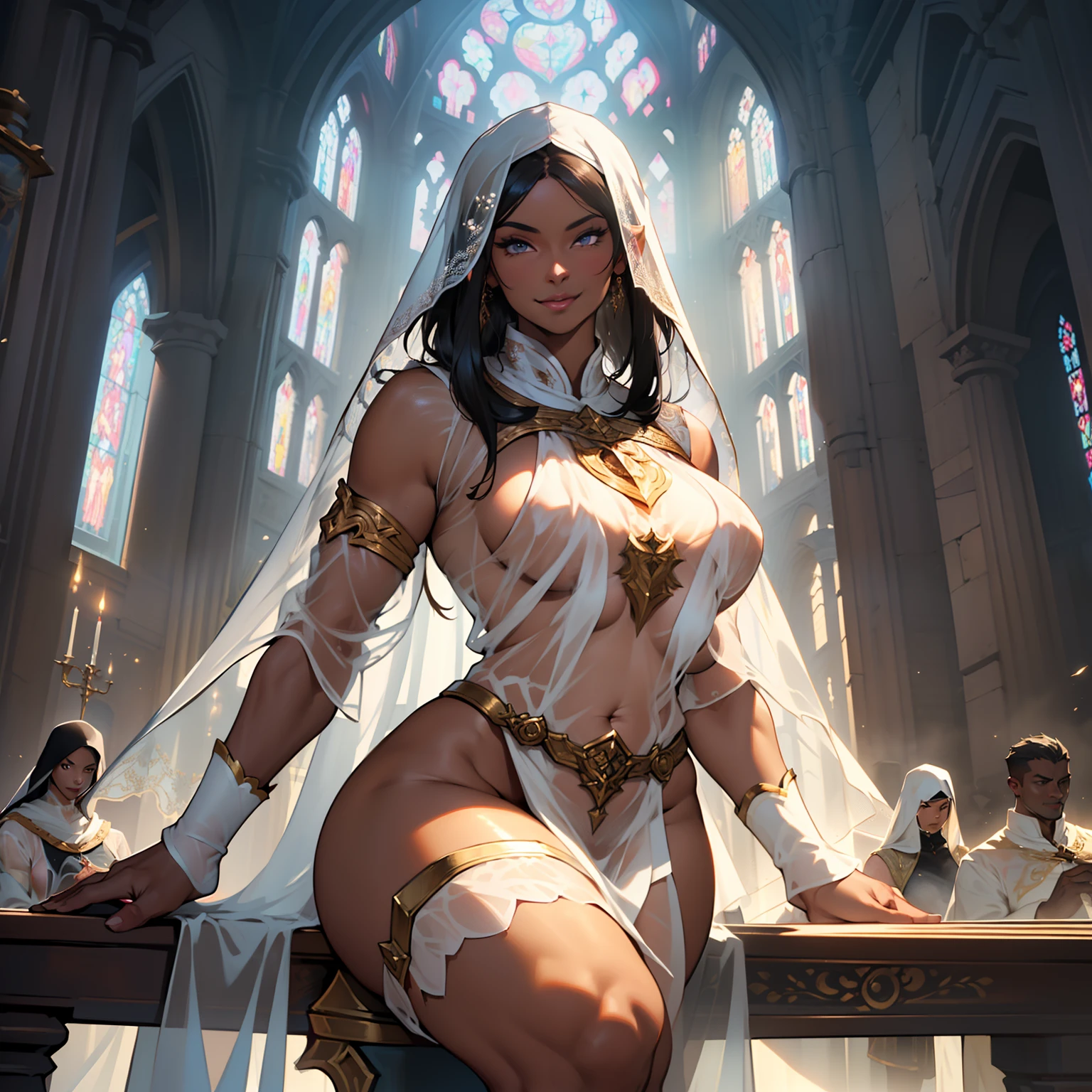 (high resolution, The pixels are perfect, luxurious illustration), (hyper qualit, Masterpiece, Ethereal: 1.4), (((see-through tabard:1.4)))，nun,(((Completely naked )))，in  church，((dark nipple))， ((bare Cameltoe))，mature female，Black areola,female public hair，(((Breasts seem to overflow from the tabard)))，wetted skin， Armpit hairy，(((A MILF: 1.4))), (Curvy:1.35),((((Dark skin))))，long hair，Curvy physique,  Thick body,((Sexual suggestiveness))，Seductive smile，high-heels