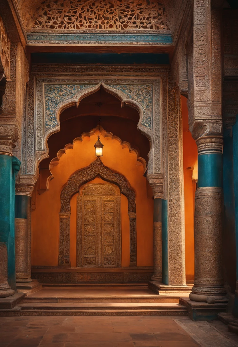 (ancient, historical, mystical) Indian architecture, (colorful, vibrant) traditional clothing, (intricate, detailed) carved pillars, (ornate, decorative) arches, (exquisite, delicate) henna patterns, (gentle, warm) sunlight, (busy, bustling) marketplaces, (aromatic, flavorful) spices, (traditional, rhythmic) music and dance, (majestic, regal) elephants adorned with colorful decorations, (serene, tranquil) temple courtyards, (elaborate, opulent) jewelry, (fragrant, blooming) flower gardens, (serene, peaceful) rivers and lakes, (ancient, sacred) rituals, (timeless, enduring) traditions, (diverse, multicultural) communities, (spiritual, meditative) practices, (authentic, flavorful) cuisine. (best quality, highres)