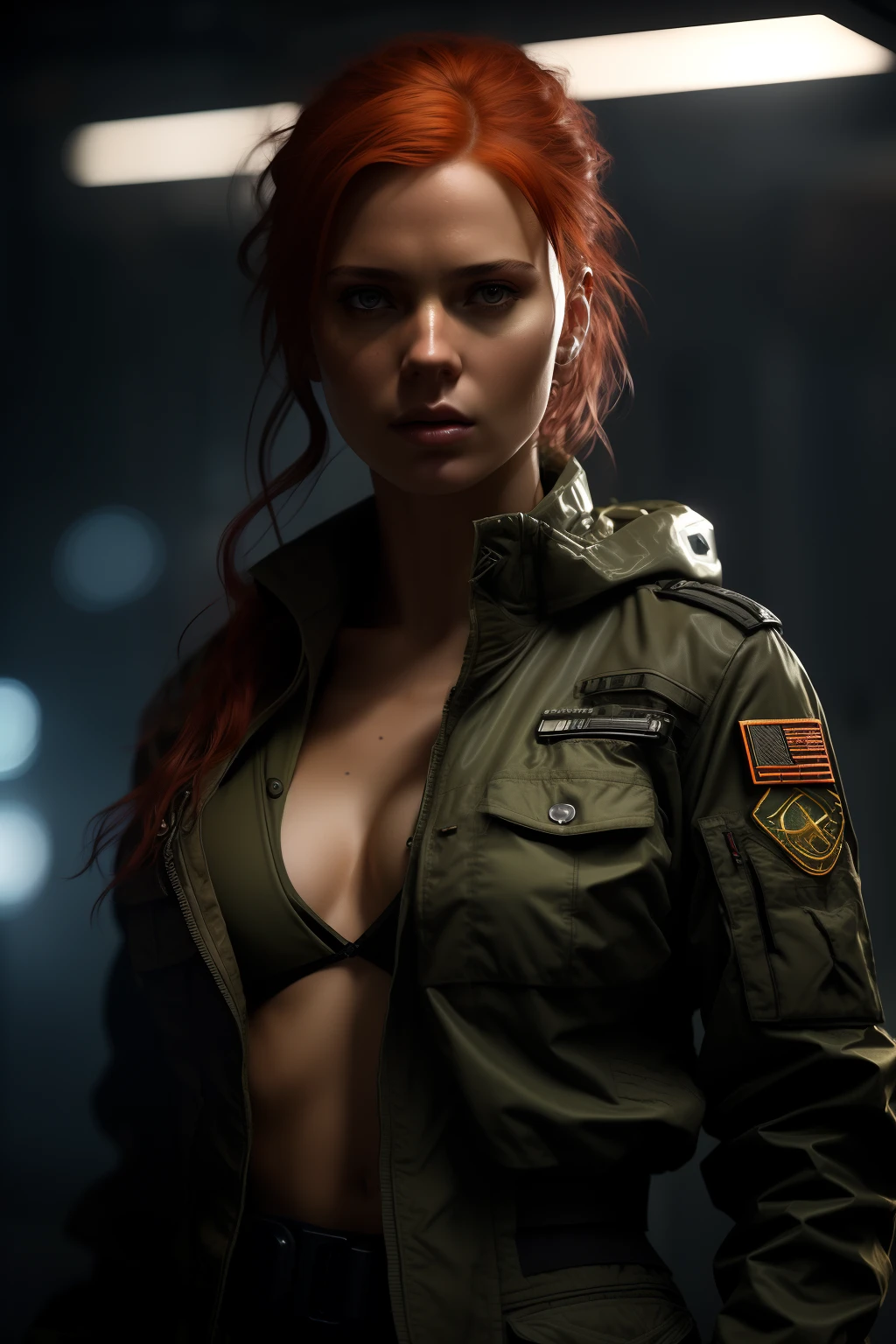 mj, cozy, close-up photo of a woman (with a rifle:1.2) in a dark room, redhead female cyberpunk, infantry girl, (unbuttoned military jacket, skinny body, small natural breasts:1.2), female lead character, soldier girl, stunning character art, epic sci-fi character art, epic sci-fi character art, solo female character, beautiful female soldier, ready for combat, mechanized soldier girl, sci - fi character, cinematic lightning, rim light, wojtek fus, eve ventrue