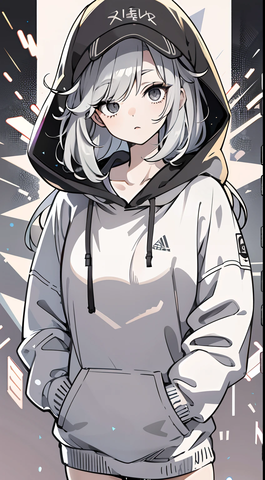 upper body, 1woman, grey hair, Long Haired, black eyes, (streetwear style), grey hoodie, big breats, wallpaper, Chain background, light particles, (masterpiece), best quality, Top Quality, pale white skin, solo