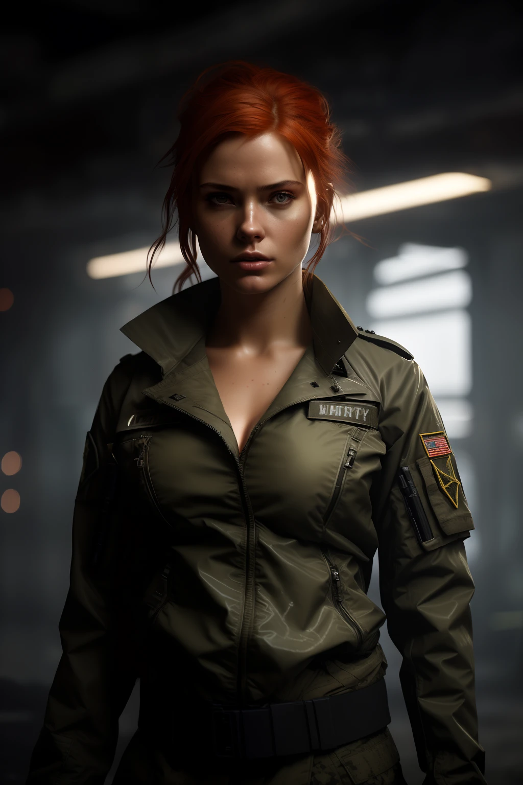 mj, cozy, close-up photo of a woman (with a rifle:1.2) in a dark room, redhead female cyberpunk, infantry girl, (unbuttoned military jacket, skinny body, small natural breasts:1.2), female lead character, soldier girl, stunning character art, epic sci-fi character art, epic sci-fi character art, solo female character, beautiful female soldier, ready for combat, mechanized soldier girl, sci - fi character, cinematic lightning, rim light, wojtek fus, eve ventrue