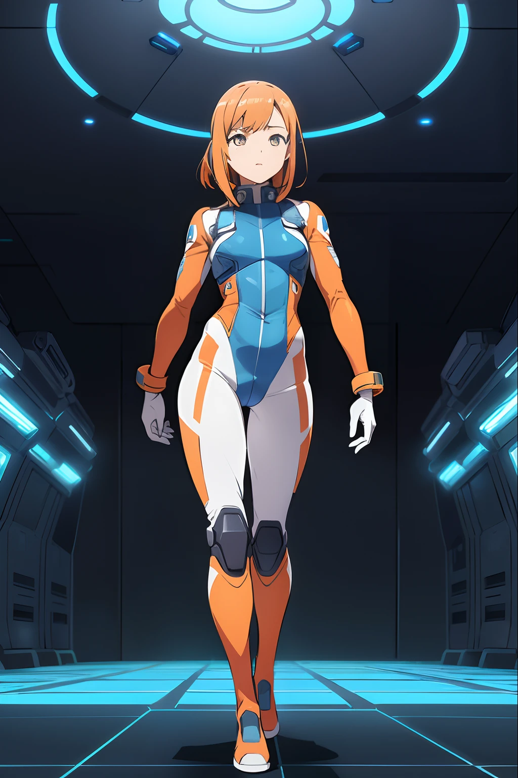 16mm, rule of thirds composition, depth of field, enders game style, extreme details, (full body:1.2), walking towards the viewer, (highly detailed, white and orange tight full-body flightsuit:1.2), armor plates, ammunition bags, athletic european woman, (realistic body proportions:1.2), (natural body:1.2), relaxed face, beautiful face, perfect hands, futuristic army boots, small hips, blue glowing lights, (spaceship interior in background:1.4), solo.
