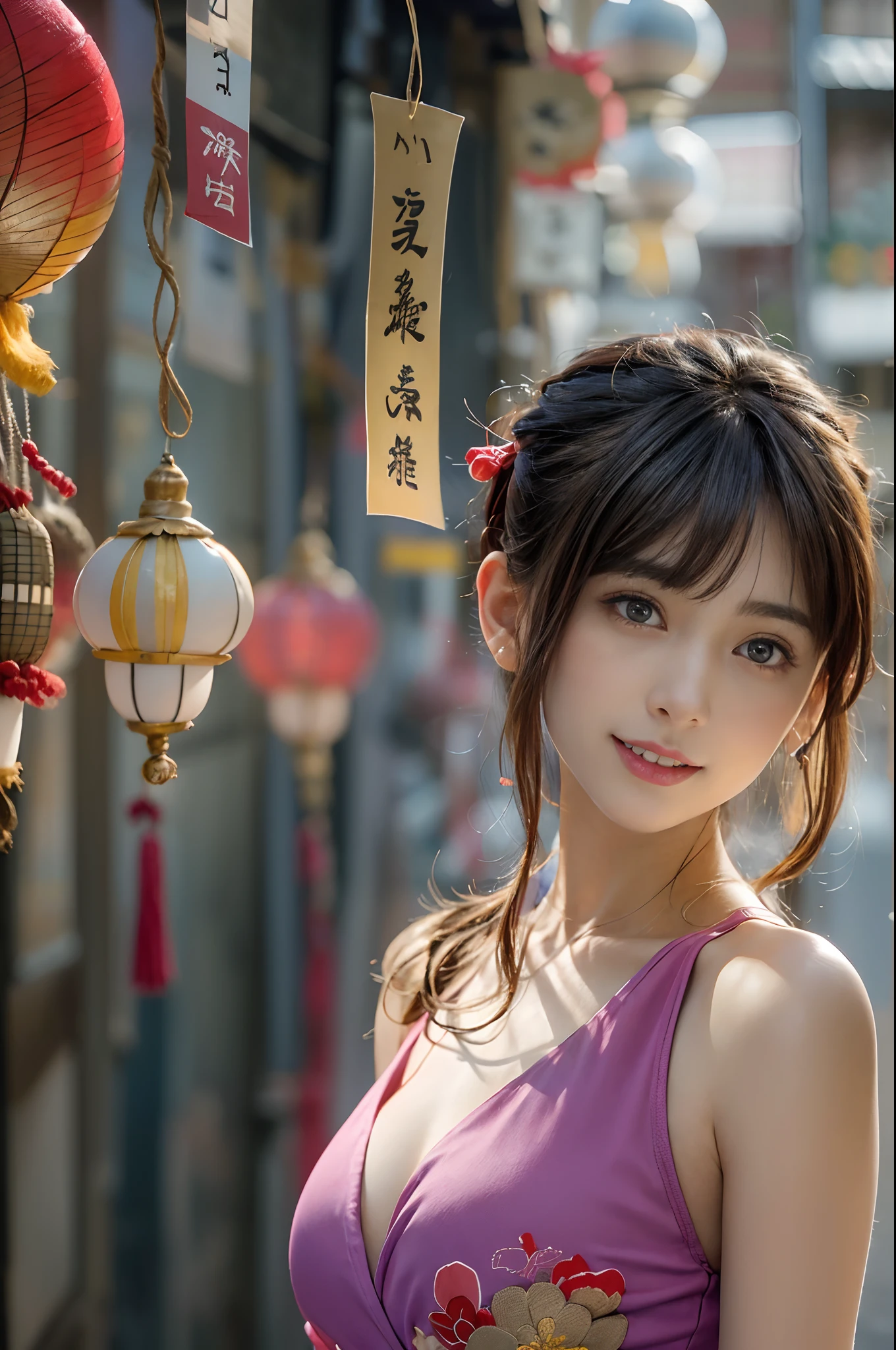 (Front Focus、Perfect ???????:1.5)、(ultra-detailliert、16k picture quality、Raw photo: 1.6)、Portrait of a hyperrealist woman、Fantasia 、art by、photoRealstic、Dynamic lighting、Volume Lighting、extra detailed face、smil、女の子1人、18year old、well-shaped breasts、cleavage of the breast、（Red tight dress:1.5)Back exposure、Exposed shoulders、Looking Back 1.5:）(kyoto、Lots of street stalls、夏天、nightcity:1.5)