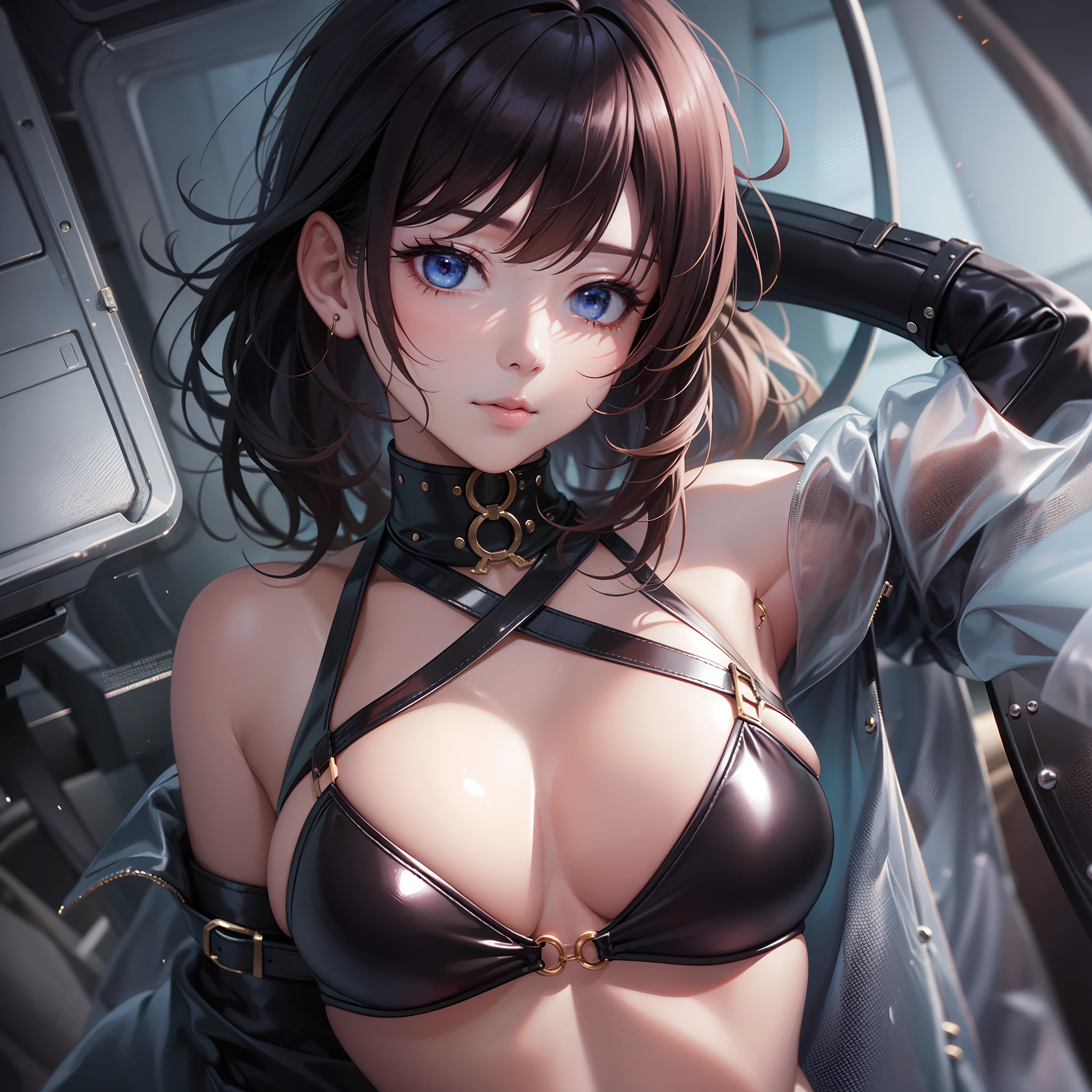 (Finest quality)),(超A high resolution),(ultra-detailliert),(Meticulous portrayal),((Best Anime)),(Finest works of art),Ultra-Precision Art,The art of astounding depiction, cyberpunked, Small, dark room:1.5,PC, (1人の女性:1.5),Sleeping on your back on the bed:1.3,latex bikini,Slim body