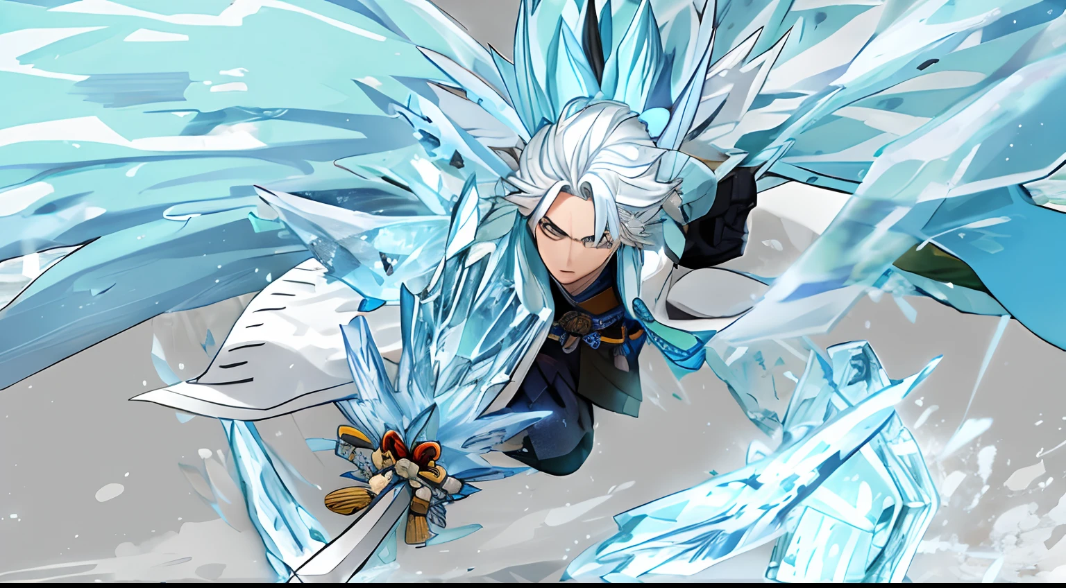 a boy with with hair, blue ice wings, holding samurai