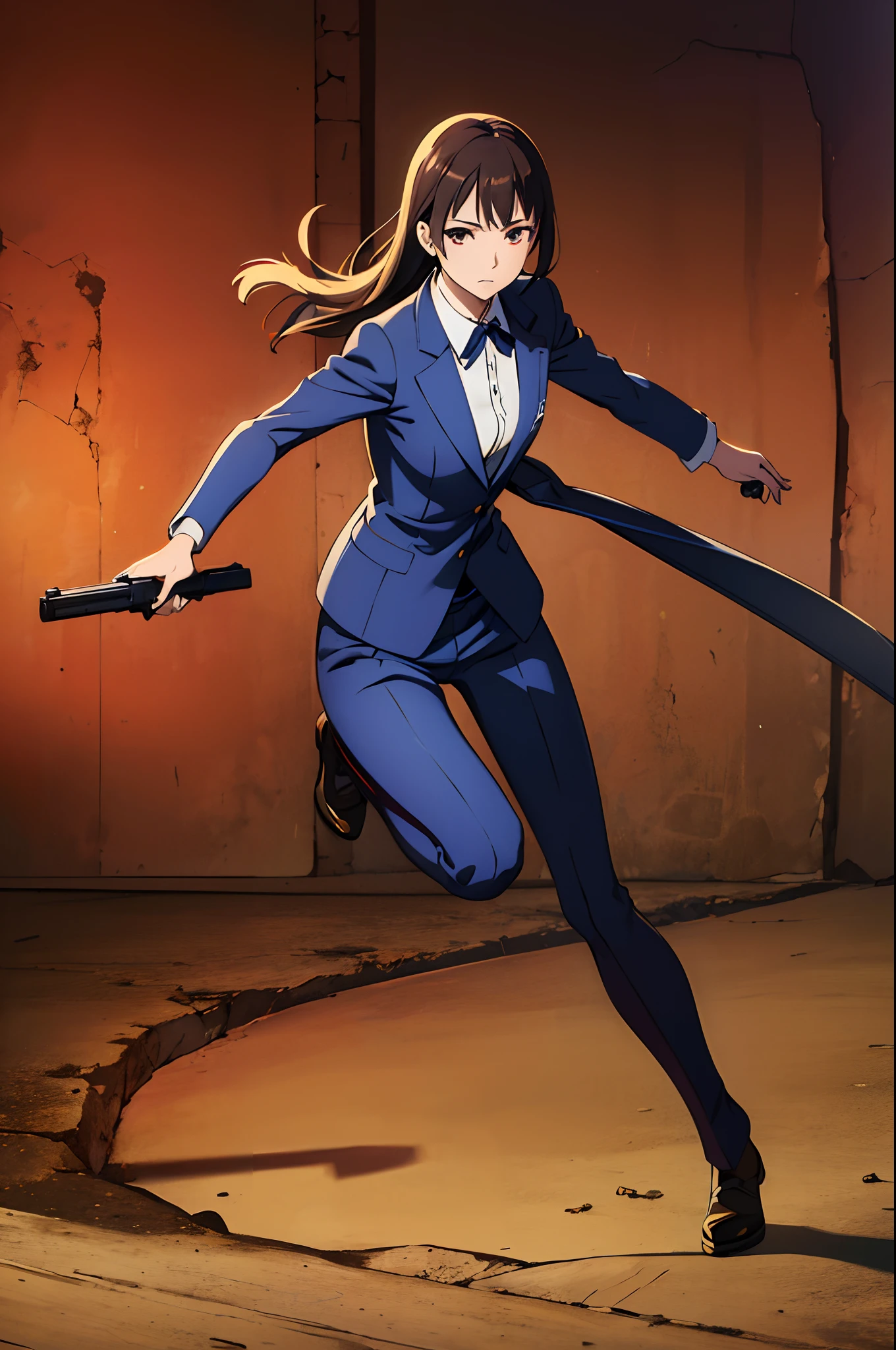 art by katsuya terada, art by range murata, art by akiman, art by JUNNY, Full body shot portrait of cute slender Young Japanese hit girl, Battle Scars, Realistic skin texture, Few moderate moles, wearing a suit, hold a gun, Red Circle nightclub in San Diego, Red and blue cinematic lighting, highly detailed, ray tracing, digital painting, concept art, smooth, sharp focus, illustration, 8k