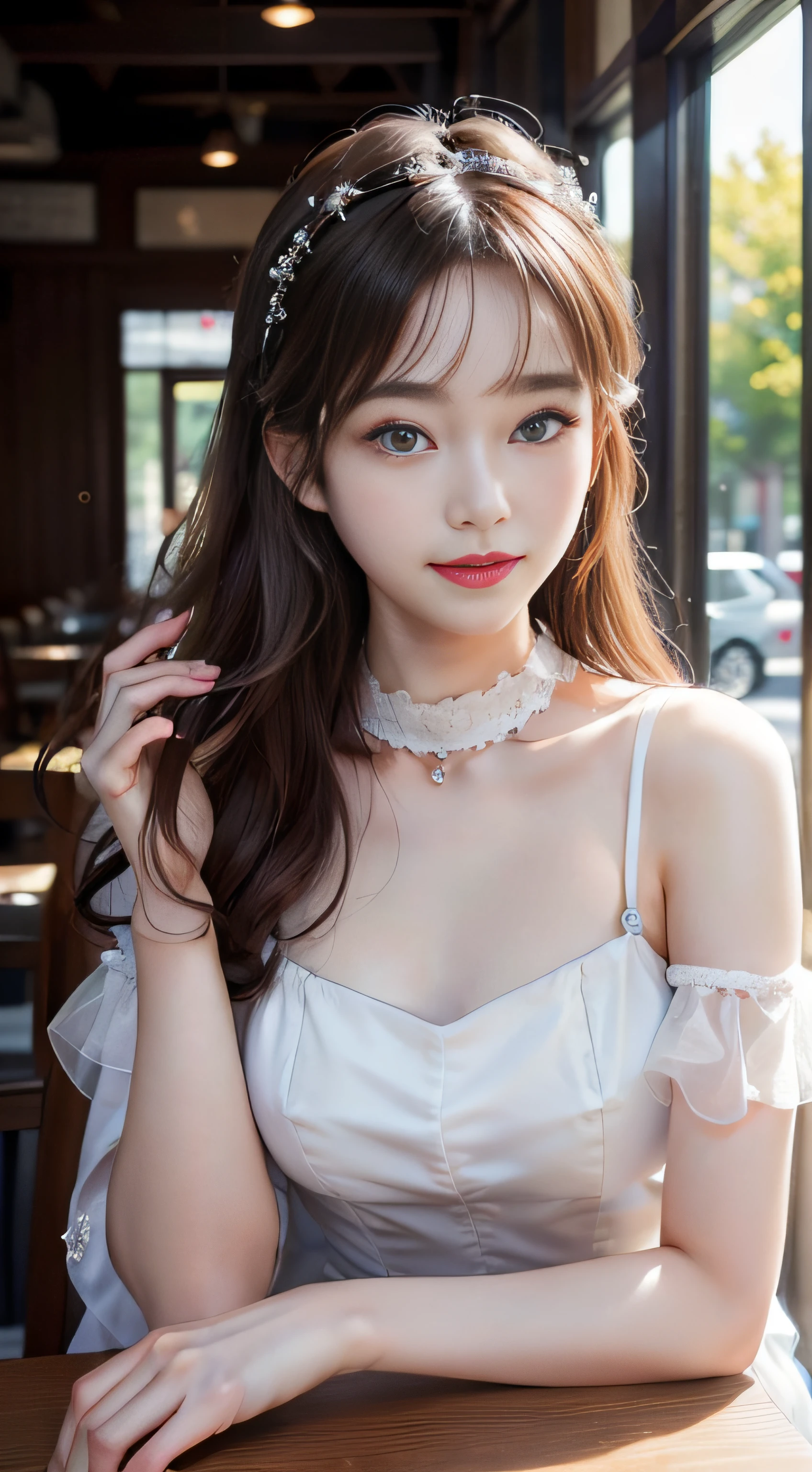 masutepiece, Best Quality, Illustration, Ultra-detailed, finely detail, hight resolution, 8K Wallpaper, Perfect dynamic composition, Beautiful detailed eyes, Dress with open chest,choker with chain,Hair is tied up, small tits, Natural Color Lip, Random and sexy poses,Tokyo Station、20 years girl、Smile