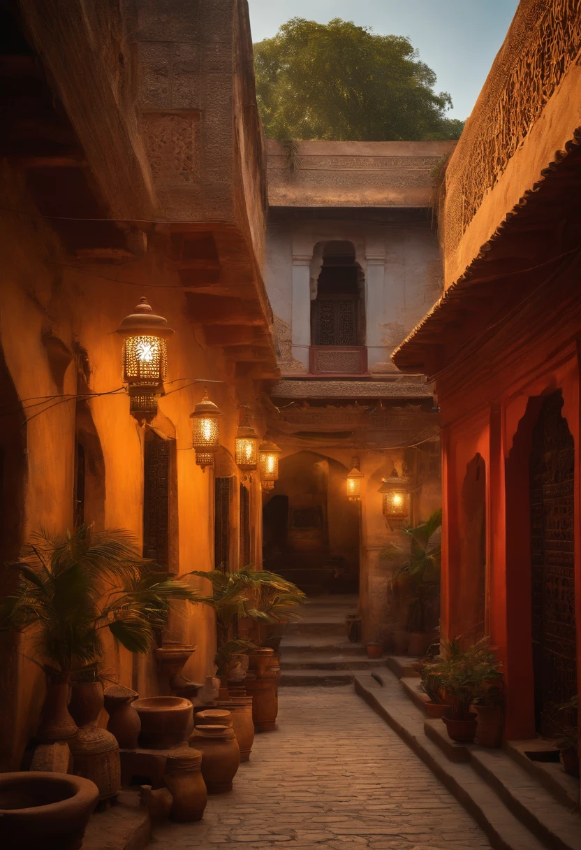 An ancient city in India, vibrant and bustling, with a rich cultural heritage and architectural marvels. (best quality,4k,8k,highres,masterpiece:1.2),ultra-detailed,(realistic,photorealistic,photo-realistic:1.37),HDR,UHD,studio lighting,ultra-fine painting,sharp focus,physically-based rendering,extreme detail description,professional,vivid colors,bokeh. The city is adorned with intricately carved temples, colorful markets, and narrow winding streets. People wearing traditional attire can be seen going about their daily lives. The aroma of authentic Indian spices fills the air, while the sound of temple bells and bustling crowds creates a lively atmosphere. The city is bathed in warm, golden sunlight, casting beautiful shadows on the ancient stone walls. The sky is a vibrant blue, dotted with fluffy white clouds. The streets are lined with vibrant red, yellow, and blue buildings, adorned with exquisite hand-painted murals. Elephants in traditional attire roam the streets, adding to the majestic ambiance. Palm trees sway gently, providing shade and adding a tropical touch to the scenery. Rich, earthy tones dominate the color palette, enhancing the old-world charm of the city. The scene is illuminated by the soft glow of street lamps and decorative lanterns, creating a magical and romantic ambiance. The overall atmosphere exudes a sense of timelessness, transporting viewers to a bygone era in Indian history.