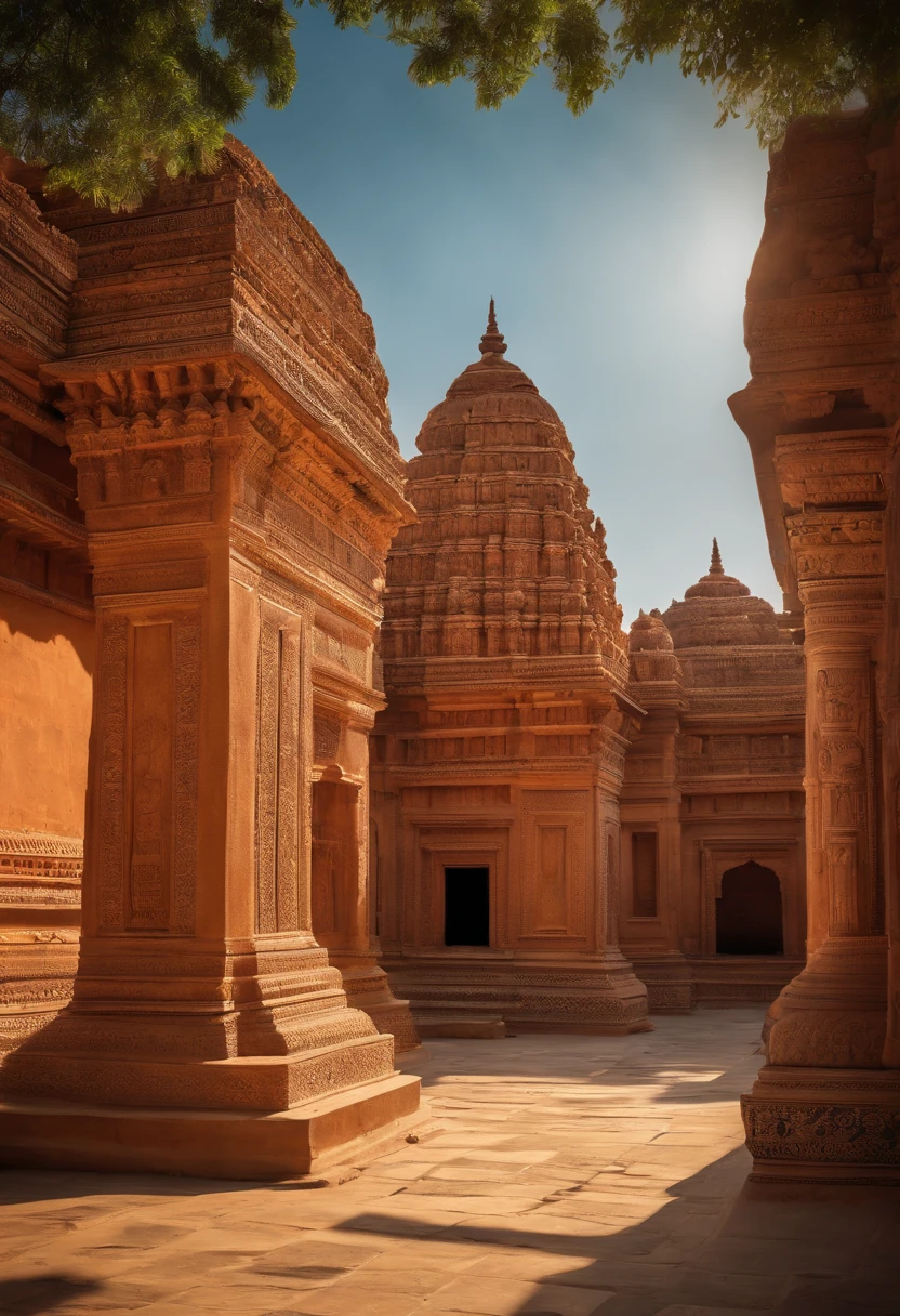 An ancient city in India, vibrant and bustling, with a rich cultural heritage and architectural marvels. (best quality,4k,8k,highres,masterpiece:1.2),ultra-detailed,(realistic,photorealistic,photo-realistic:1.37),HDR,UHD,studio lighting,ultra-fine painting,sharp focus,physically-based rendering,extreme detail description,professional,vivid colors,bokeh. The city is adorned with intricately carved temples, colorful markets, and narrow winding streets. People wearing traditional attire can be seen going about their daily lives. The aroma of authentic Indian spices fills the air, while the sound of temple bells and bustling crowds creates a lively atmosphere. The city is bathed in warm, golden sunlight, casting beautiful shadows on the ancient stone walls. The sky is a vibrant blue, dotted with fluffy white clouds. The streets are lined with vibrant red, yellow, and blue buildings, adorned with exquisite hand-painted murals. Elephants in traditional attire roam the streets, adding to the majestic ambiance. Palm trees sway gently, providing shade and adding a tropical touch to the scenery. Rich, earthy tones dominate the color palette, enhancing the old-world charm of the city. The scene is illuminated by the soft glow of street lamps and decorative lanterns, creating a magical and romantic ambiance. The overall atmosphere exudes a sense of timelessness, transporting viewers to a bygone era in Indian history.