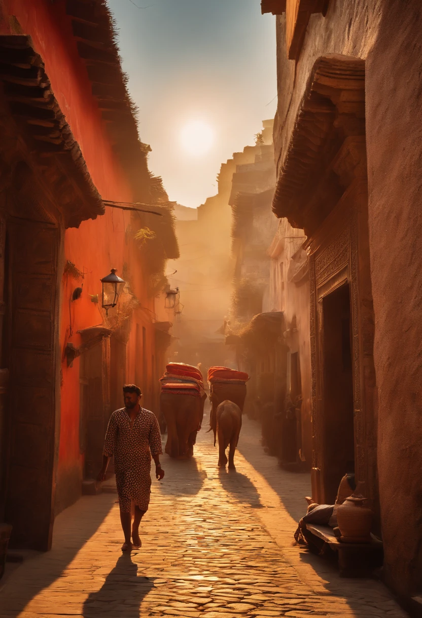 An ancient city in India, vibrant and bustling, with a rich cultural heritage and architectural marvels. (best quality,4k,8k,highres,masterpiece:1.2),ultra-detailed,(realistic,photorealistic,photo-realistic:1.37),HDR,UHD,studio lighting,ultra-fine painting,sharp focus,physically-based rendering,extreme detail description,professional,vivid colors,bokeh. The city is adorned with intricately carved temples, colorful markets, and narrow winding streets. People wearing traditional attire can be seen going about their daily lives. The aroma of authentic Indian spices fills the air, while the sound of temple bells and bustling crowds creates a lively atmosphere. The city is bathed in warm, golden sunlight, casting beautiful shadows on the ancient stone walls. The sky is a vibrant blue, dotted with fluffy white clouds. The streets are lined with vibrant red, yellow, and blue buildings, adorned with exquisite hand-painted murals. Elephants in traditional attire roam the streets, adding to the majestic ambiance. Palm trees sway gently, providing shade and adding a tropical touch to the scenery. Rich, earthy tones dominate the color palette, enhancing the old-world charm of the city. The scene is illuminated by the soft glow of street lamps and decorative lanterns, creating a magical and romantic ambiance. The overall atmosphere exudes a sense of timelessness, transporting viewers to a bygone era in Indian history.