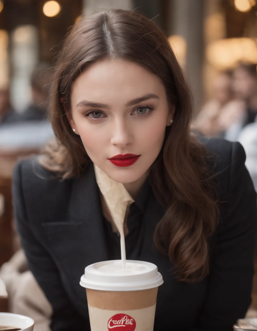 2010s fashion, Gros plan moyen, Canon EF 85mm f/1.2L II USM, A woman sits with her coffee in a restaurant，（Mettez vos mains sous la table）， with a black jacket and red lips, Focus on facial expression, Mode de rue