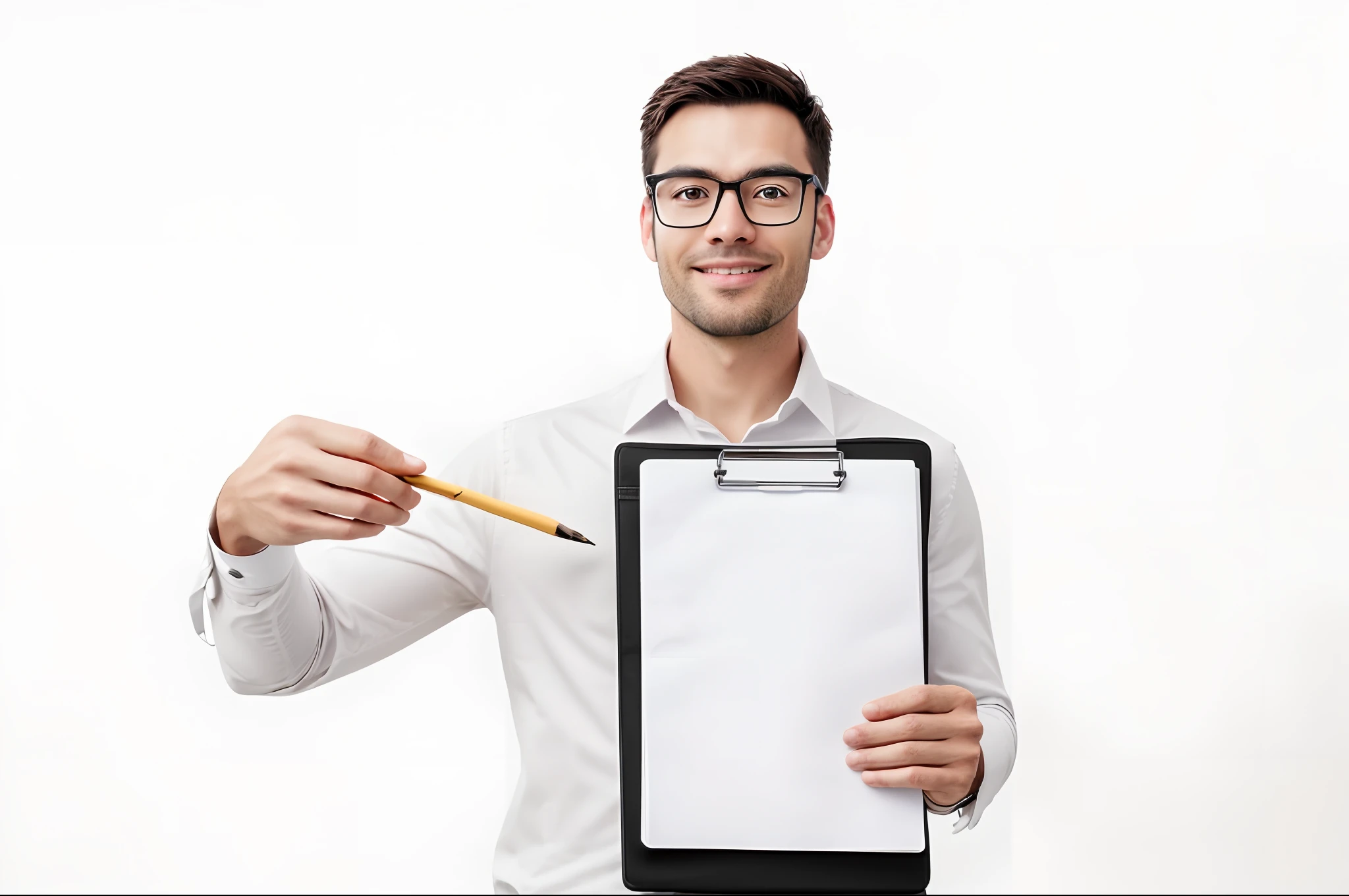 smiling man holding a clipboard and a pencil in his hand, holding a clipboard, professional picture, writing on a clipboard, advertising photo, professional image, professional artwork, professional profile picture, pristine and clean design, professional profile photo, commercial photo, professional advertisement, holding pencil, very professional, amazing professional picture, man with glasses, catalog photo, holding notebook, detailed, ultra sharp, realistic, (add_detail: 1.0)
