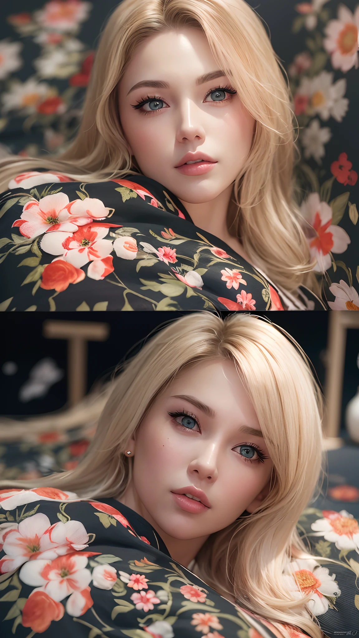 Cute lady blonde and so pretty fabulous and gorgeous body wearing black kimono and she lying on the floor Realistic vision with photorealistic and super hyperrealsim and highly Detailed with ultra quality 8k