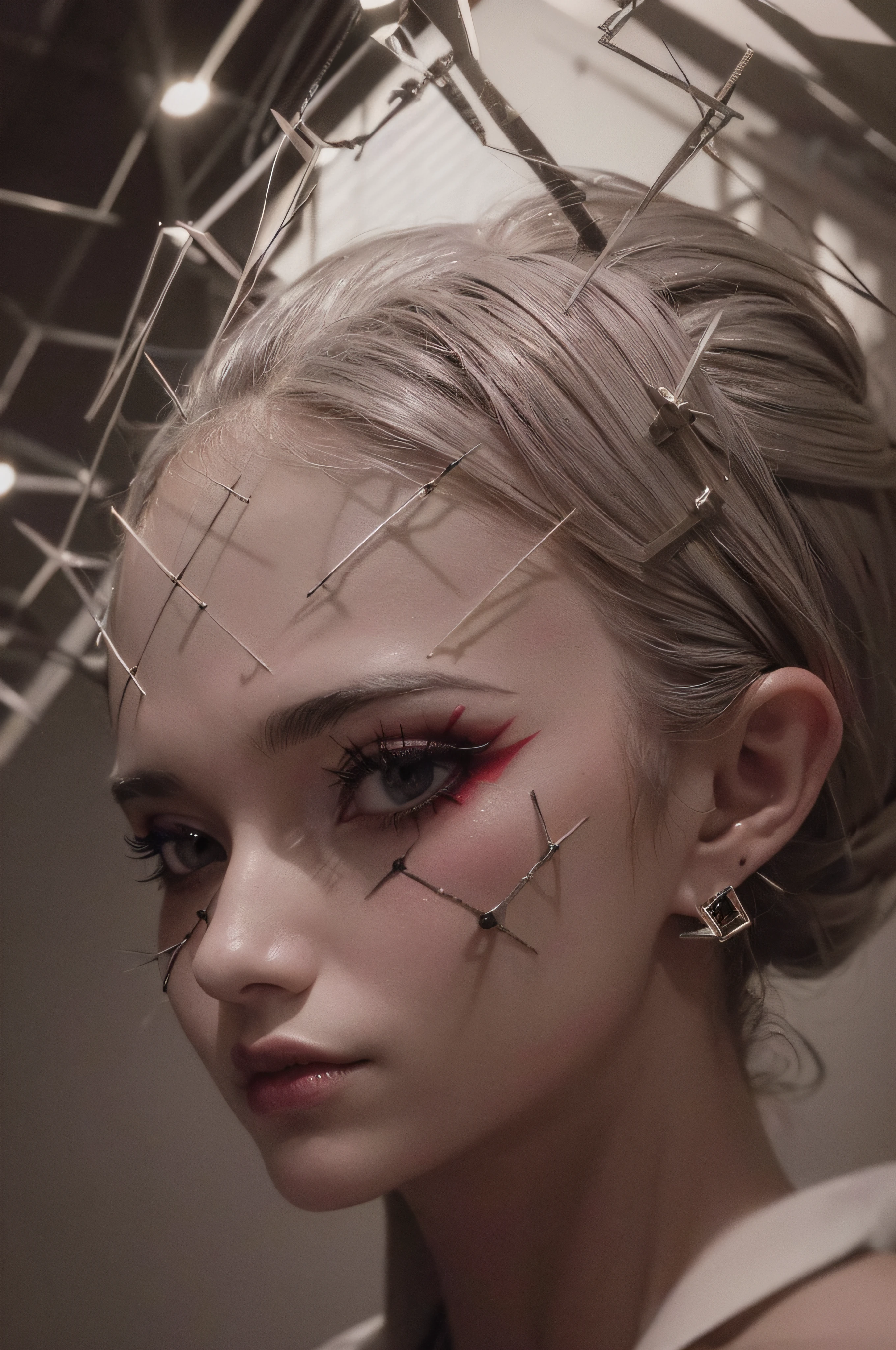 "(The best lighting, oscuro, dramatic),(Mujer alien, Hellraiser, triste, Cicatrices, , sexy, cerebro, sangre, una rata dentro de la cabeza, terror.),(ojos rojos, calaveras). morning light.