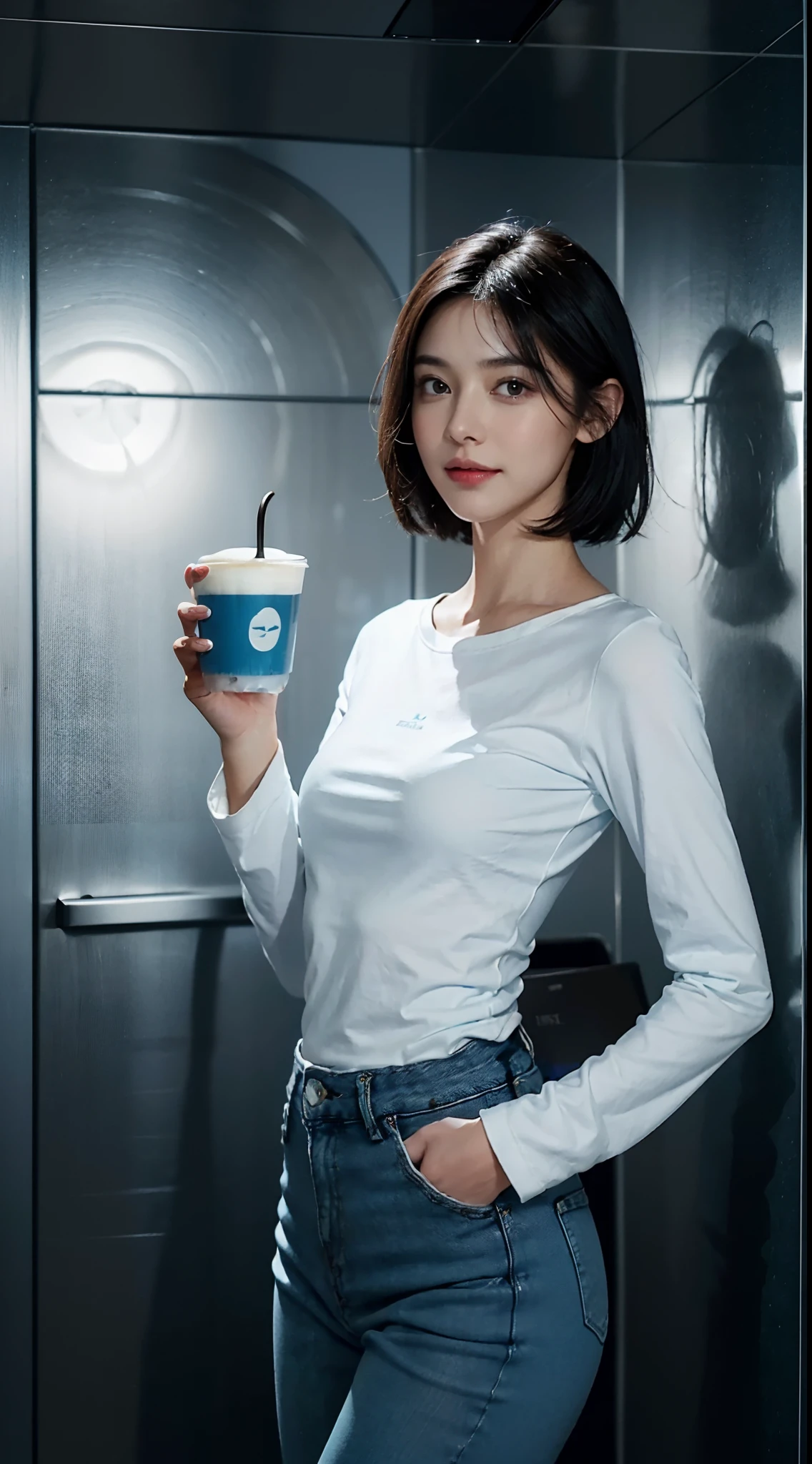 (shoulder length straight short black hair: 1.3), （Extremely meticulous CG 8k wallpaper），（Extremely refined and beautiful），（Masterpiece），（best qualtiy：1.0），（Ultra High Resolution：1.0），beautiful light up，Perfect lightning，realistic shaded，[A high resolution]，Smooth and flawless fair skin，Extremely exquisite facial details，（perfect body：1.1），ultra - detailed，A beautiful girl，small head，(Small breasts:1.1)，Flat chests，slim，thin，Smile，cheerfulness，(White Long Sleeve T-shirt:1.5），（Light blue long denim pants:1.3),Slender legs,(White sneakers:1.2),Bright Lights,Close Shot,(In elevator:1.5)，standing,(Holding a long blue coffee cup in hand:1.5),(Well-cut abdominal muscles:1.2),cowboy shot,(mirror selfie1.5,phone_screen1.5)