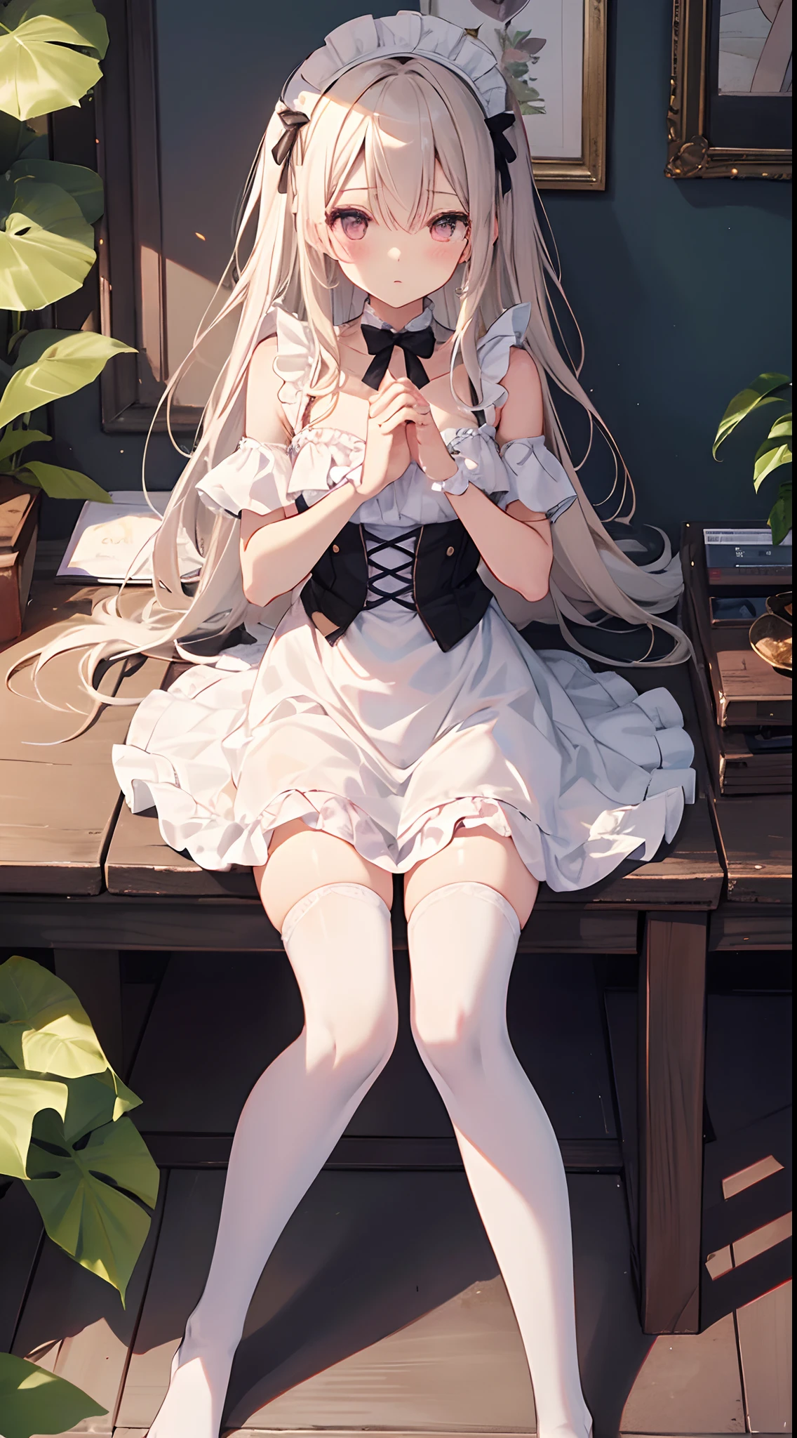 high-level image quality、top-quality、Detailed drawing、Does not blush cheeks、Slender adult beauty、maid clothes、White swimwear、Small eyes、knee high、Stockings、Medium chest、straight haired,Clean and perfect hands、Beautiful legs