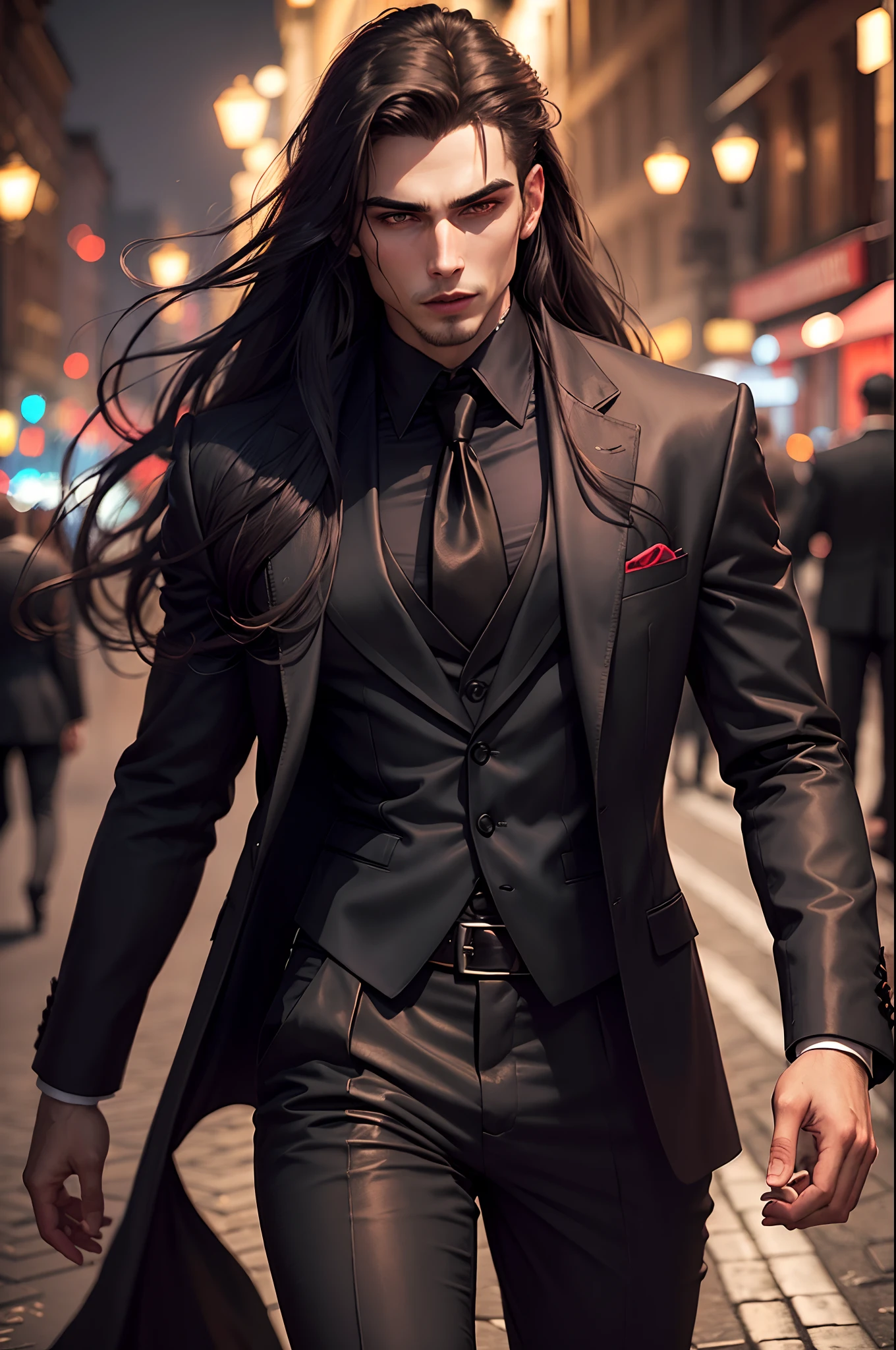 (high quality, realistic, detailed), vampire, Toreador vampire, handsome man, long hair, detailed facial features, elegant clothes, confident posture, urban city backdrop, dimly lit streets, vibrant nightlife, mysterious atmosphere, romantic vibe, dramatic lighting, vibrant colors