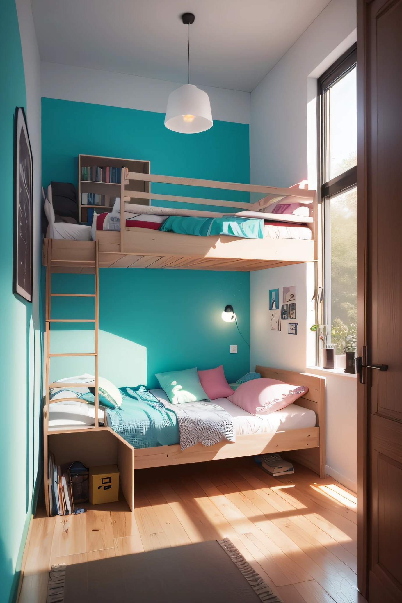 crea una habitacion con muebles y la pared pintada del codigo de color Hex # 68B8D3
