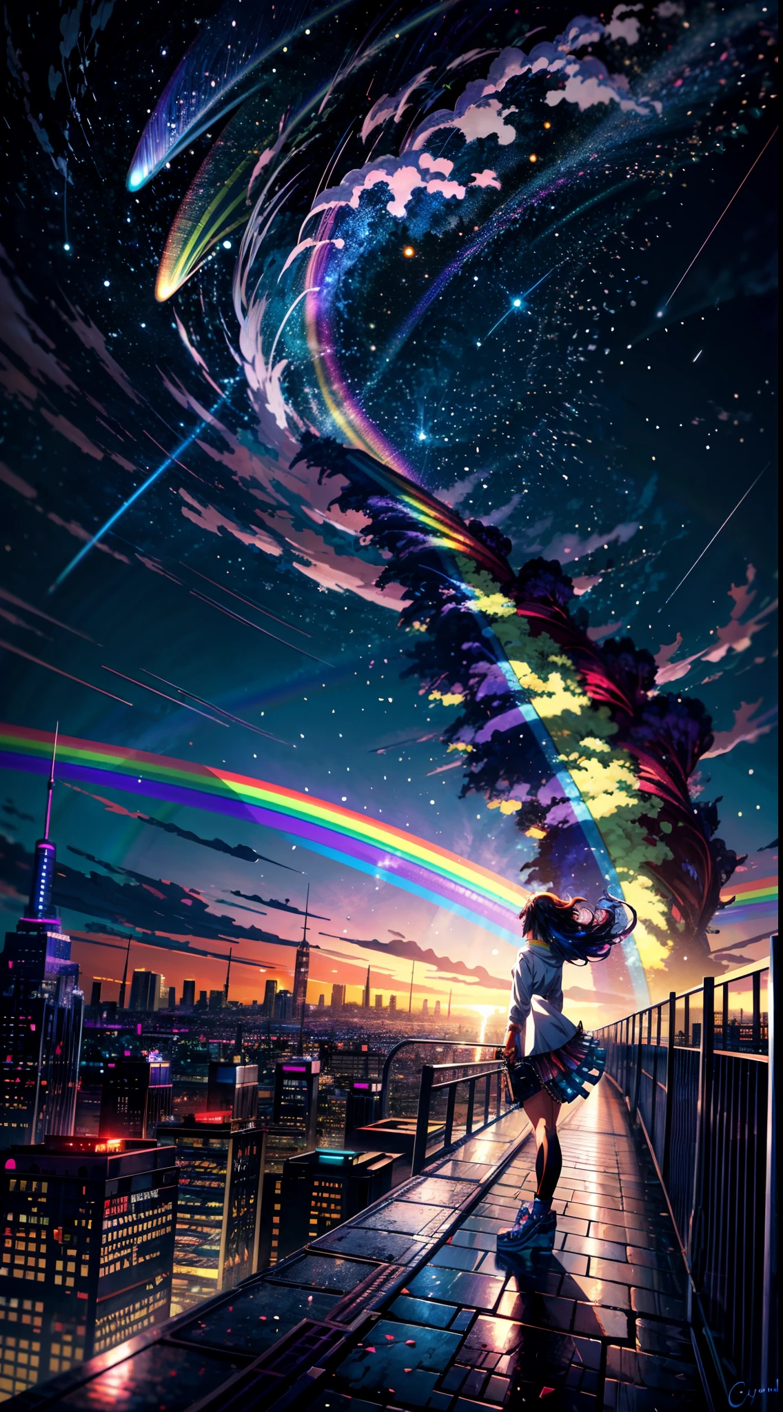 ((Rainbow Giant Shooting Star))、Anime girl looking at big city landscape,Near Future City、 makoto shinkai cyril rolando, anime art wallpaper 4k, anime art wallpaper 4k, Anime art wallpaper 8k, inspired by Cyril Rolando, in the style dan mumford artwork, amazing wallpapers, by Yuumei
