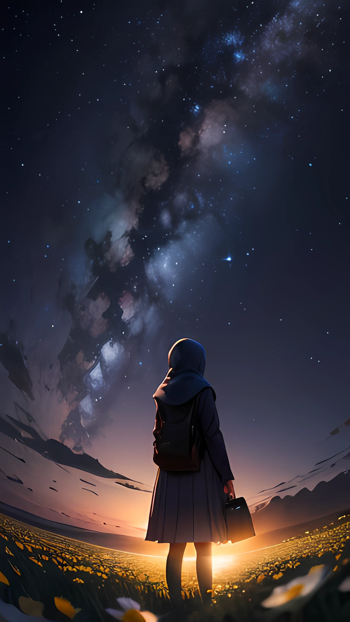 View from below with a view of the sky and street below, muslim girl standing in a field of higland flowers looking up, beautiful field of flower, Sparkling lighting, Atmospheric Illumination, detailed, million of stars, A shooting star visible from the position of the head flowed into the night sky.、The area is pitch dark、In the darkness、masutepiece、realisitic, detailed background, milky way