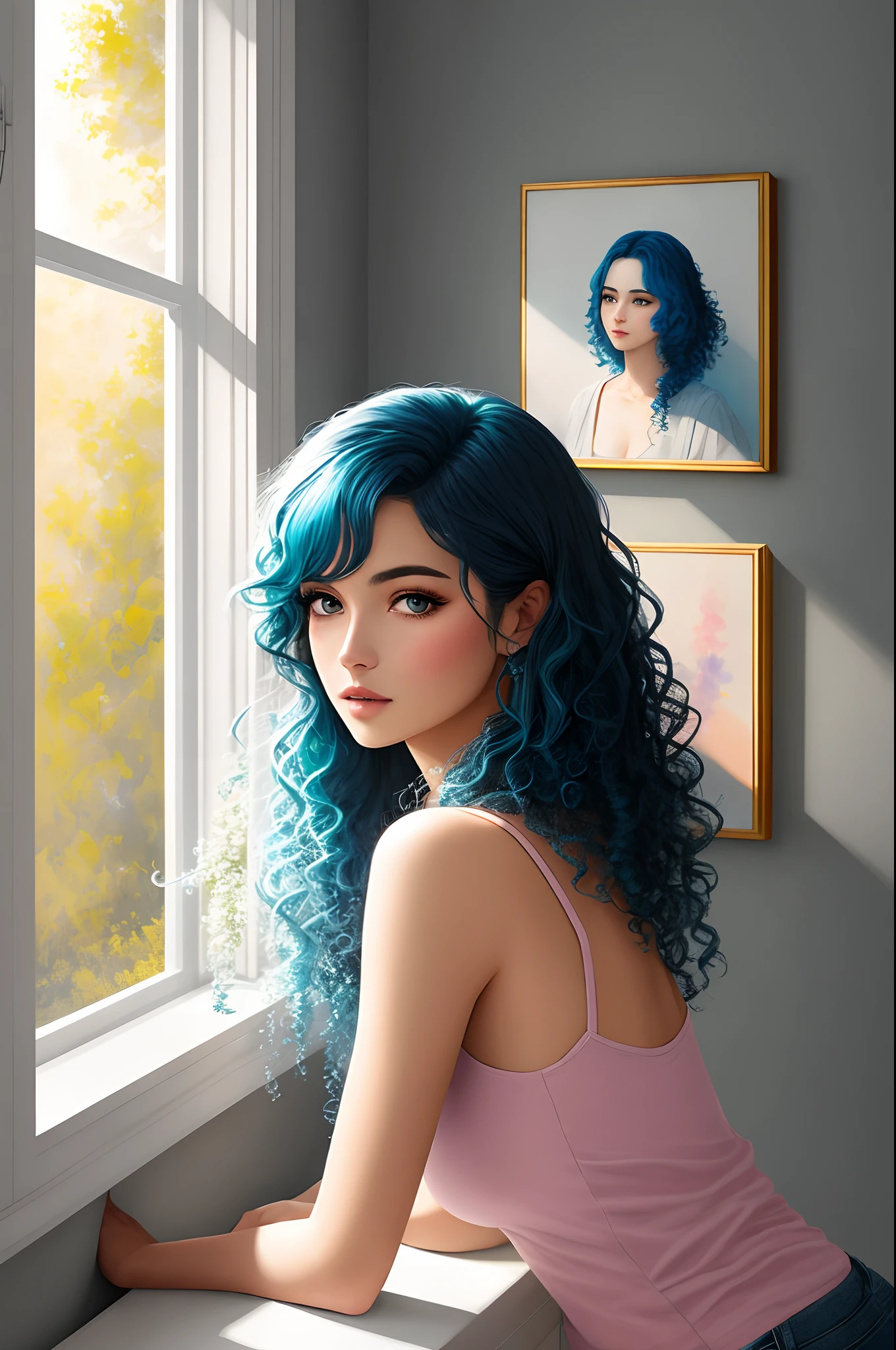 A blue-haired woman with long, messy curly hair, wearing tanktop, est assis sur le lit. Ses cheveux sont vibrants et coulent dans de belles boucles, creating a striking contrast with her fair skin. His detailed and expressive blue eyes glow with a hint of mischief., while her plump lips are delicately painted a soft shade of pink. The scene is represented in an illustration style, rappelant une peinture au pastel. Les coups de pinceau sont visibles, give the image a textured and ethereal quality. Every detail, from strands of hair to folds of clothes, est soigneusement rendu, Create a sense of depth and dimension. La chambre est chaleureuse et accueillante, avec une ambiance chaleureuse. Soft hues permeate the space, reflecting the peaceful atmosphere. The walls are adorned with colorful artwork, Add a touch of dynamism to the room. Sunlight passes through the window, projecting a soft glow that illuminates the scene with a soft, diffused lighting. The image is of the best quality, with high-resolution and HDR effects that enhance the overall visual experience. The level of detail is extraordinary, capturer les motifs complexes des tissus et les nuances subtiles des traits de la femme. The painting technique used is akin to a professional masterpiece, with attention to every brushstroke and meticulous craftsmanship. This prompt combines the elements of a blue-haired woman with long, messy curly hair, a longshoreman, et une chambre confortable dans le style de peinture pastel, resulting in high quality, Visually stunning image.