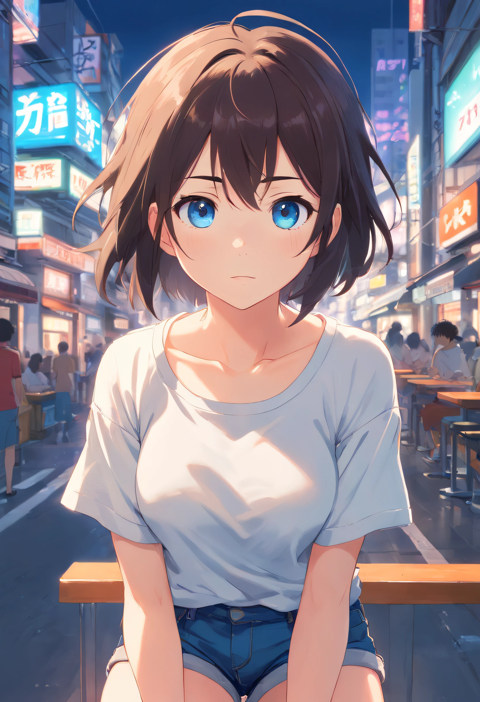 1girl in, short dark hair, blue eyes, In a plain white shirt, Denim shorts, 城市, Absurde, high resolusion, ultrasharp, 8K, masterpiece, View Viewer
Easy negative, Extra fingers, fewer fingers, (low-quality, bad quality:1.4), (Poor anatomy), (inaccurate limb:1.2), Poor composition, inaccurate eyes, extra digit, Fewer digits, (Additional arm:1.2), watermarked, copyright, ty, A logo, NSFW, Chromic aberration
