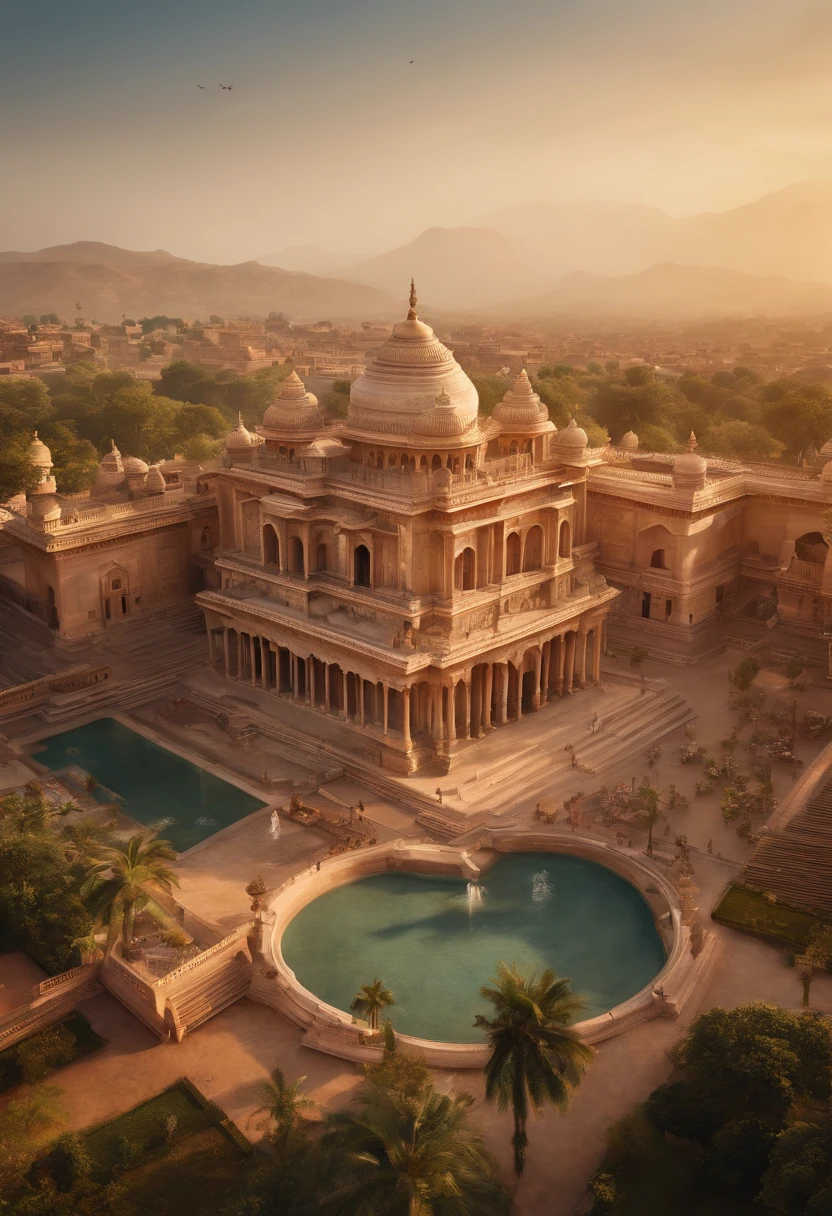 (best quality,4k,8k,highres,masterpiece:1.2), ultra-detailed, (realistic,photorealistic,photo-realistic:1.37), India old empire aerial view, far view, ancient architecture, grand and majestic palaces, intricate carvings, vibrant colors, bustling activity, bustling markets, crowded streets, traditional attire, elephants and horses, elaborate gardens, beautiful fountains, vast landscapes, rich heritage, timeless beauty, golden sunsets, warm and soft lighting, historical charm, exquisite details