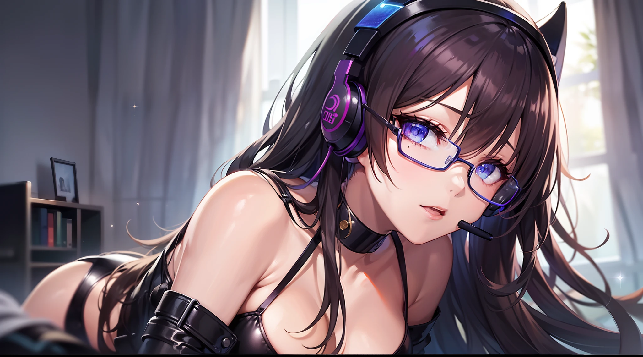 (Finest quality)),(超A high resolution),(ultra-detailliert),(Meticulous portrayal),((Best Anime)),(Finest works of art),Ultra-Precision Art,The art of astounding depiction, cyberpunked,Glossy lighting:1.3 Small, dark room:1.5,PC, (1人の女性:1.5),Sleeping on your back on the bed:1.3,latex bikini,Slim body,headset on head,eye glass,mole,tiptoes