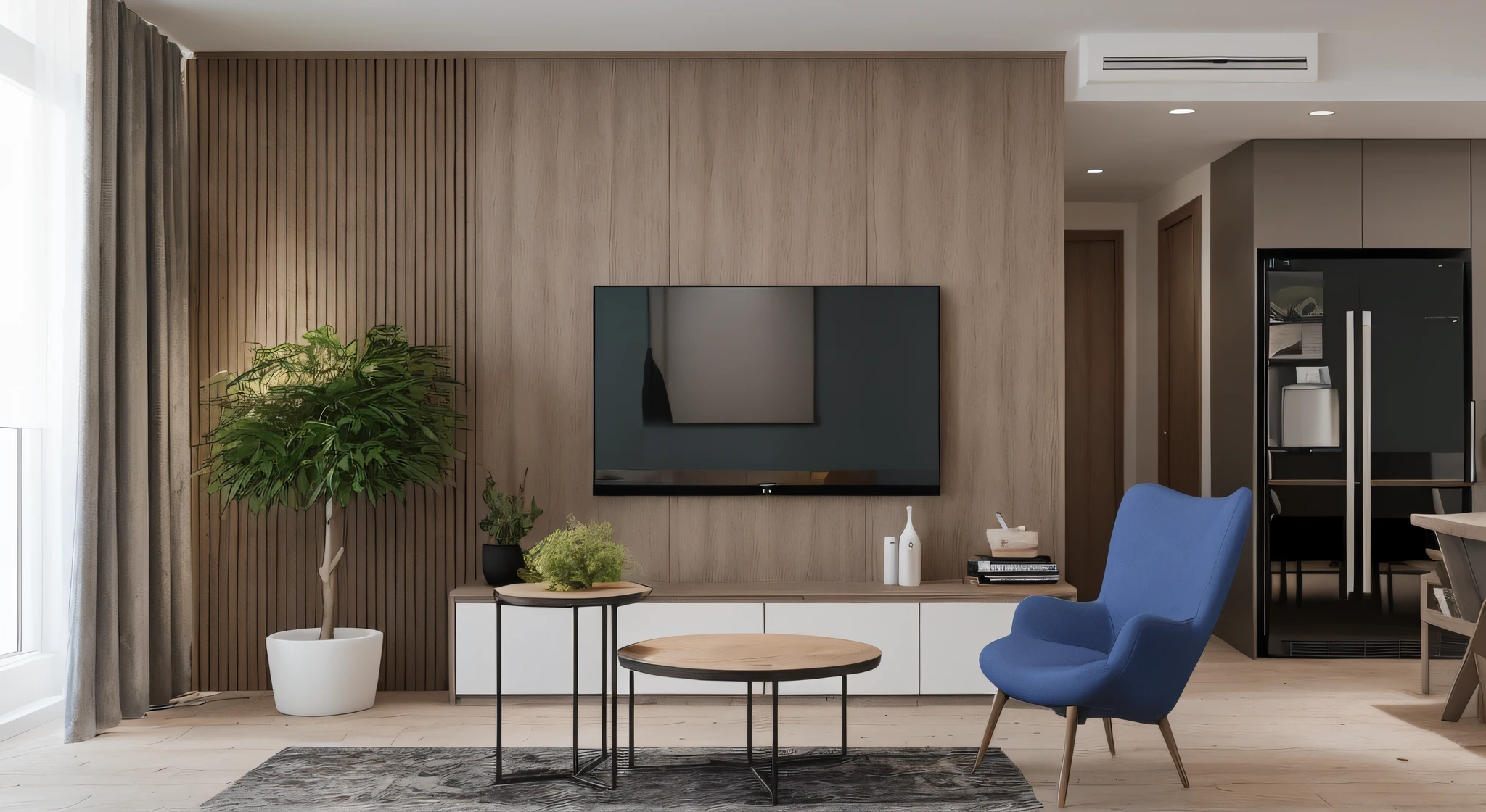 realistic photography, there is a living room with a tv and, modern leather armchair, apartment design, modern and minimalist, simple clean lines, modern minimal design, wood panel walls, low details and clean lines, modern living room, fridge on the right side, wood table top, ((ultra realistic)), smooth spot lighting design, perfect composition, beautiful detailed intricate insanely detailed octane render trending on artstation, 8 k artistic photography, photorealistic concept art, soft natural volumetric cinematic perfect light, chiaroscuro, award – winning photograph, masterpiece, oil on canvas, raphael, caravaggio, greg rutkowski, beeple, beksinski, giger