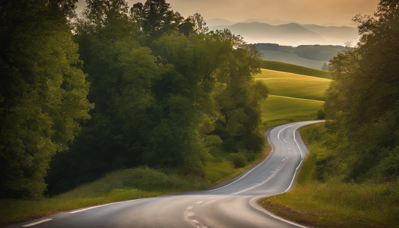 A picturesque countryside with a winding road:Paint a picture of a scenic countryside with a winding road, rolling hills, and a clear blue sky.