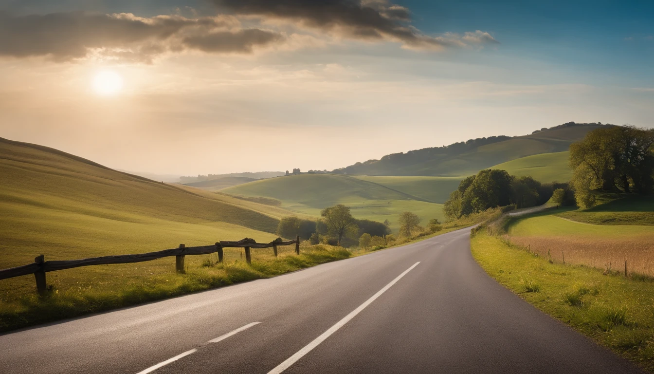 A picturesque countryside with a winding road:Paint a picture of a scenic countryside with a winding road, rolling hills, and a clear blue sky.