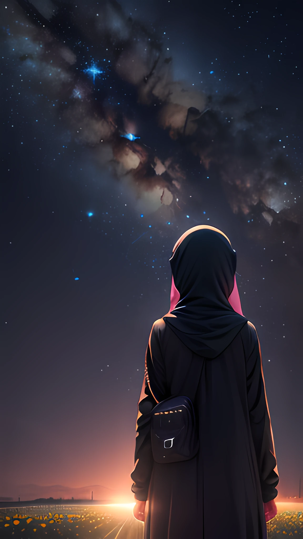 View from below with a view of the sky and street below, muslim girl standing in a field of higland flowers looking up, beautiful field of flower, Sparkling lighting, Atmospheric Illumination, detailed, million of stars, A shooting star visible from the position of the head flowed into the night sky.、The area is pitch dark、In the darkness、masutepiece、realisitic, detailed background, milky way