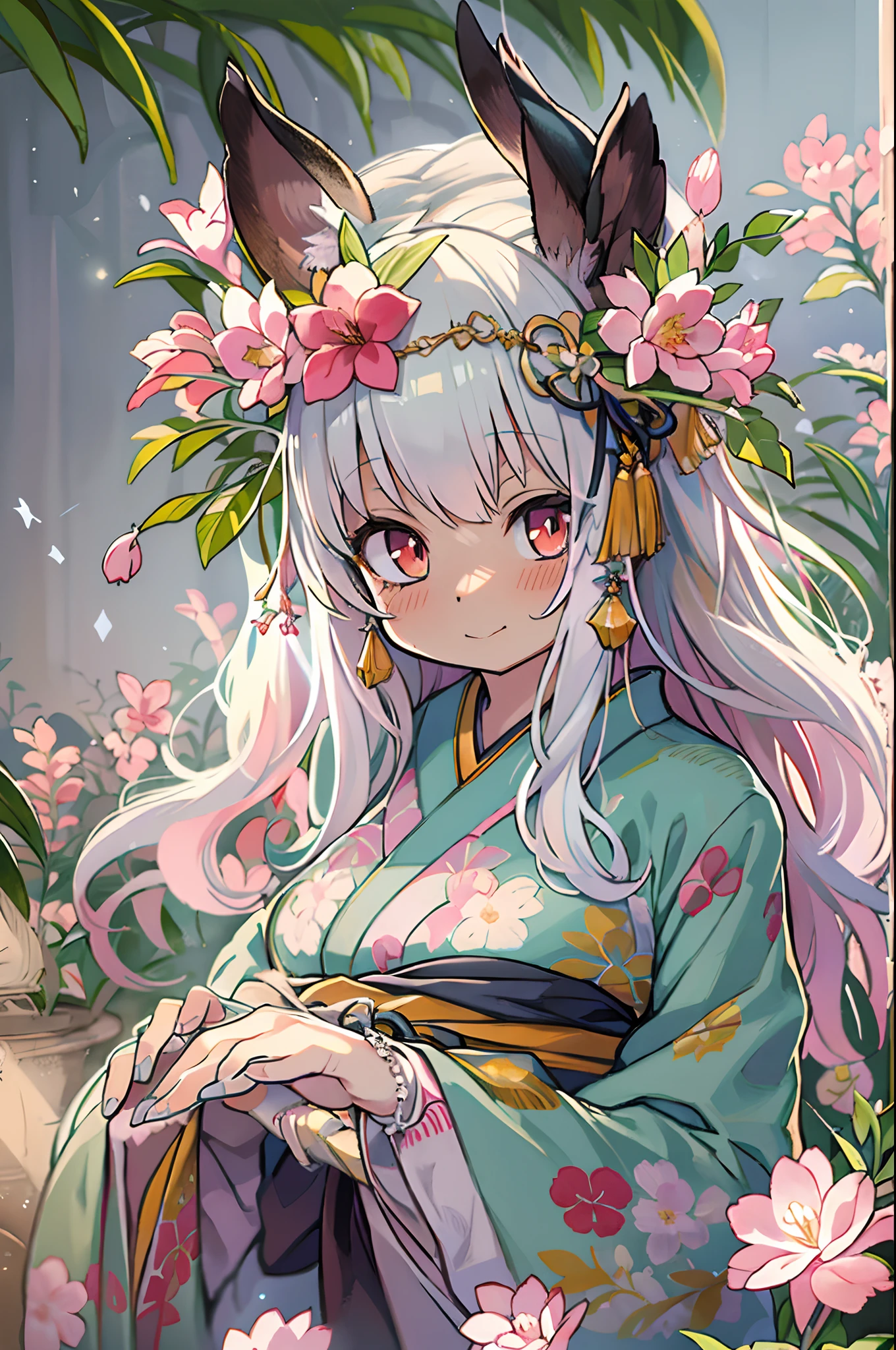 Alafed woman in kimono with flowers on her head, beautiful digital works of art, beautiful digital illustrations, beautiful digital painting, Gorgeous Digital Painting, artwork in the style of guweiz, photorealistic anime girl render, Smooth Anime CG Art, Beautiful digital art, great digital art with details, stunning digital illustration, Detailed Digital Anime Art, render of april, Beautiful Anime Portrait