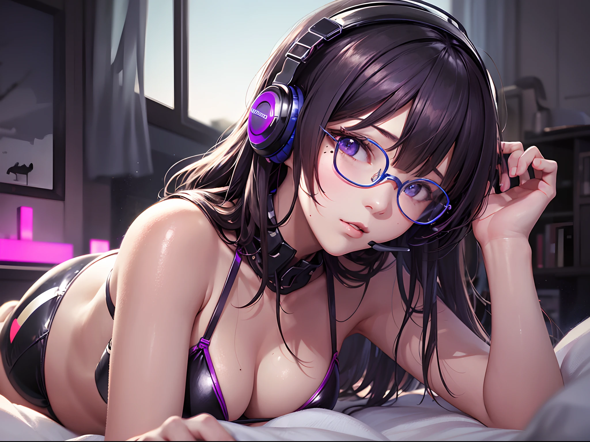 (Finest quality)),(超A high resolution),(ultra-detailliert),(Meticulous portrayal),((Best Anime)),(Finest works of art),Ultra-Precision Art,The art of astounding depiction, cyberpunked,Purple lighting:1.3 Small, dark room:1.5,PC, (1人の女性:1.5),Sleeping on your back on the bed:1.3,latex bikini,Slim body,headset on head,eye glass,mole,tiptoes,