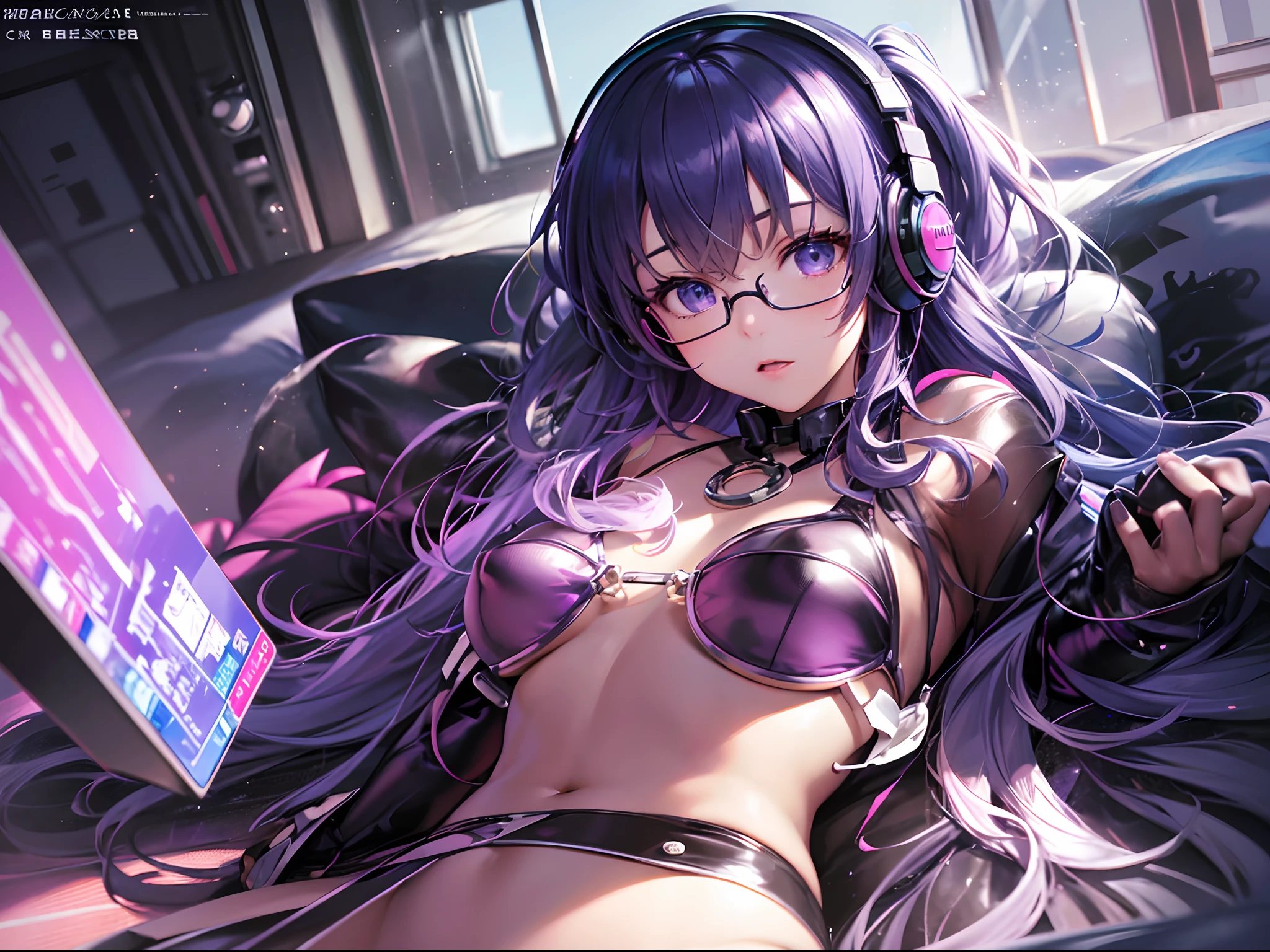 (Finest quality)),(超A high resolution),(ultra-detailliert),(Meticulous portrayal),((Best Anime)),(Finest works of art),Ultra-Precision Art,The art of astounding depiction, cyberpunked,Purple lighting:1.3 Small, dark room:1.5,PC, (1人の女性:1.5),Sleeping on your back on the bed:1.3,latex bikini,Slim body,headset on head,eye glass,mole,tiptoes,