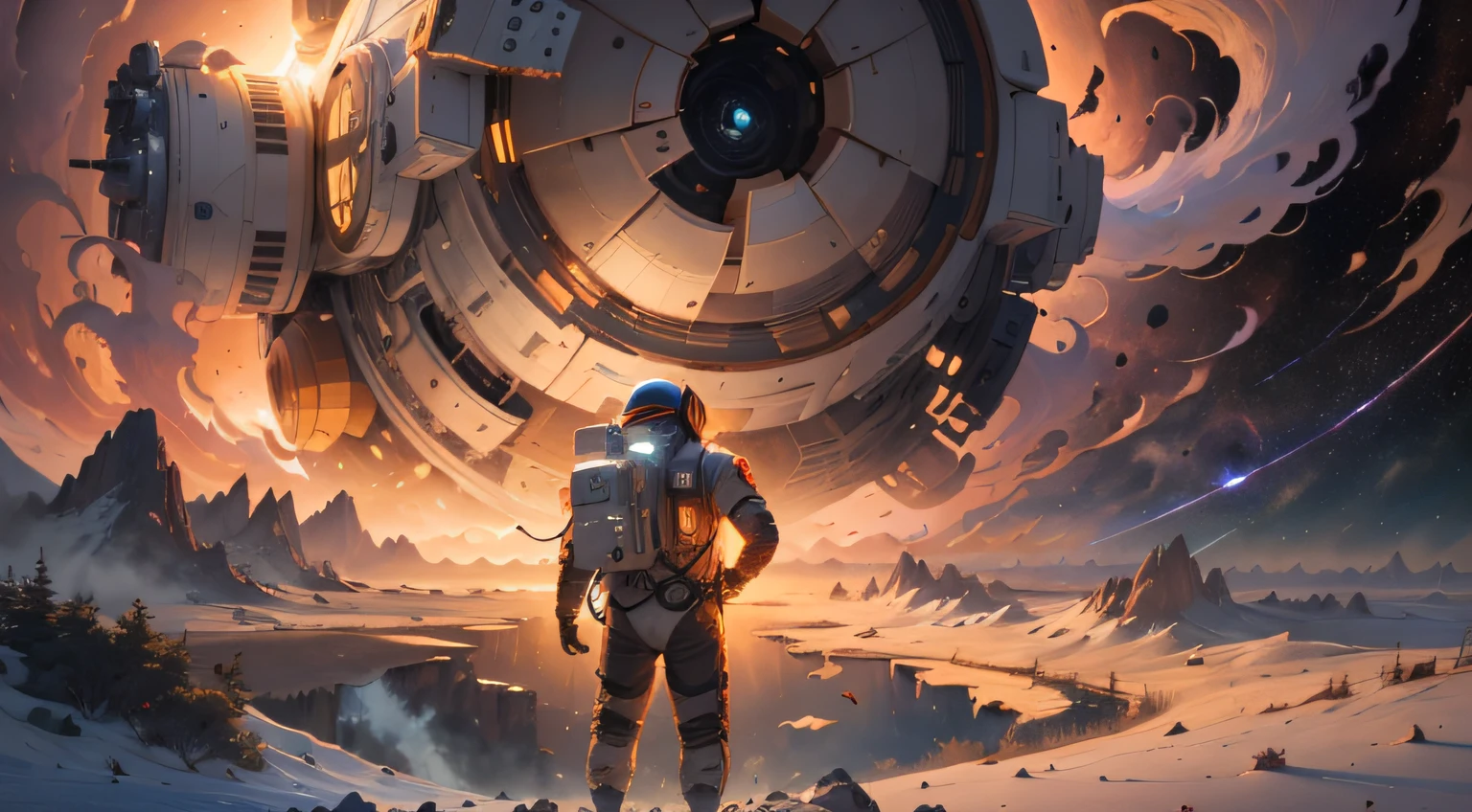((Masterpiece)), (Best Quality)), 8K, high detail, hyper-detail, the painting depicts a scene of breathtaking magnificent spatial images. The picture shows a man wearing a spacesuit, facing back, looking at a red glowing planet in space. The scenes are extremely detailed and the clarity is extraordinary, capturing every intricate detail of the panorama.