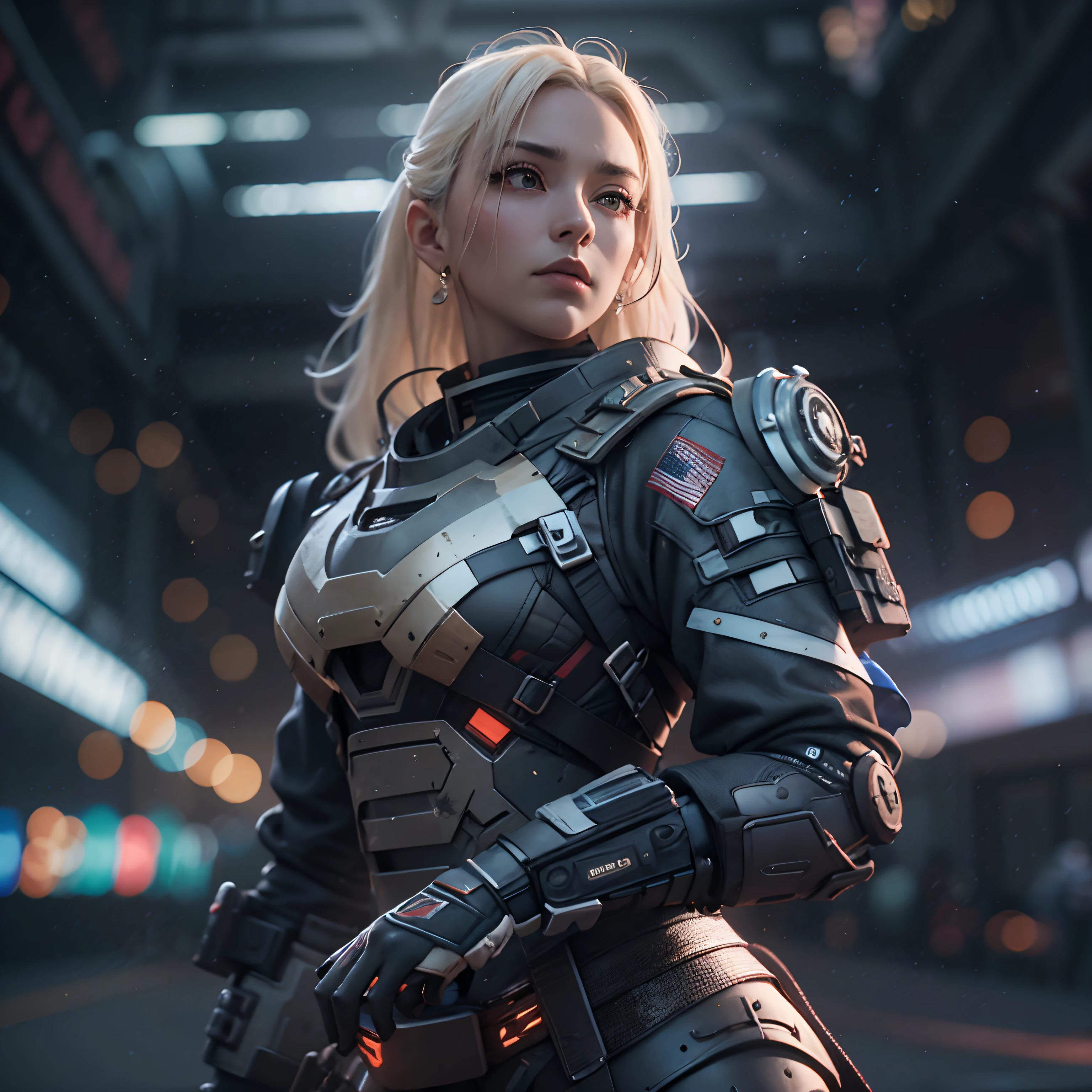 (Best quality)), ((masterpiece)), (detailed:1.4), 3D, an image of a beautiful blonde cyberpunk female,HDR (High Dynamic Range),Ray Tracing,NVIDIA RTX,Super-Resolution,Unreal 5,Subsurface scattering,PBR Texturing,Post-processing,Anisotropic Filtering,Depth-of-field,Maximum clarity and sharpness,Multi-layered textures,Albedo and Specular maps,Surface shading,Accurate simulation of light-material interaction,Perfect proportions,Octane Render,Two-tone lighting,Wide aperture,Low ISO,White balance,Rule of thirds,8K RAW, black armour, dark knight, sky trail backdrop, galaxy backdrop