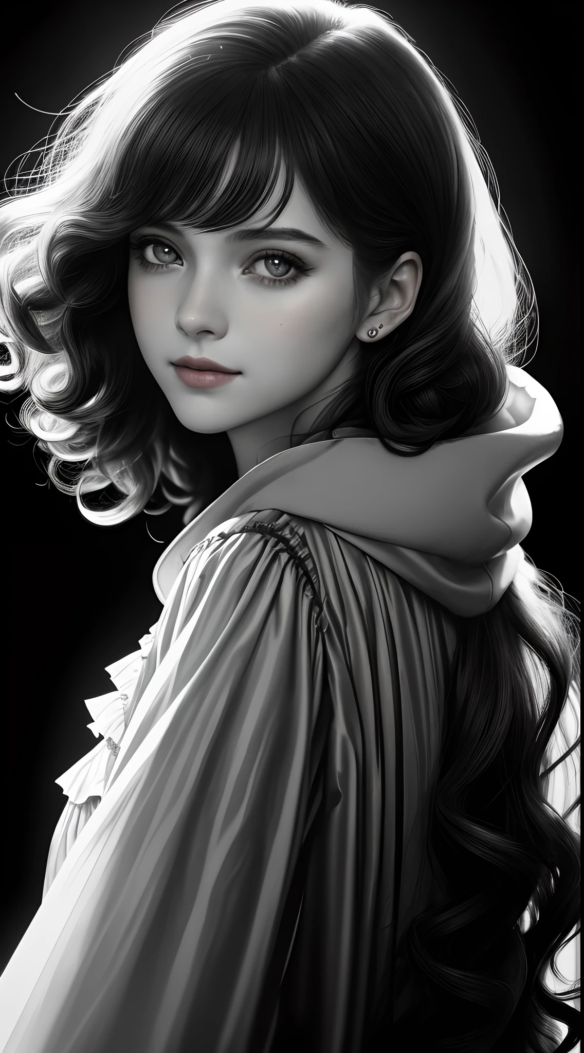 Russian Girl, Trends on ArtStation, Trends on CGSociety, Intricate, High Detail, Clear Focus, Dramatic, Realistic Art of Drawing, by Midjourney and Greg Rutkowski, ((Best Quality)), ((Masterpiece)), High Resolution, Original, Very Detailed Wallpaper, Very Delicate and Pretty, Illustration, Cinematic Light, Volumetric Light, Halo Effect, Light Particles, ((1girl)), beautifuldetailedeyes, longsleeves, hoodie, frills, noshadow, simplebackground, (((black background))), European, bright, (((1980s(style)))), cinema, silhouette, grayscale, monochrome, ((large wavy curls)), slit pupils, (((looking back))), cinematic angles, ((( (close-up))),(((portrait))), lens flare, seductive smile, tarot cards, medium hair