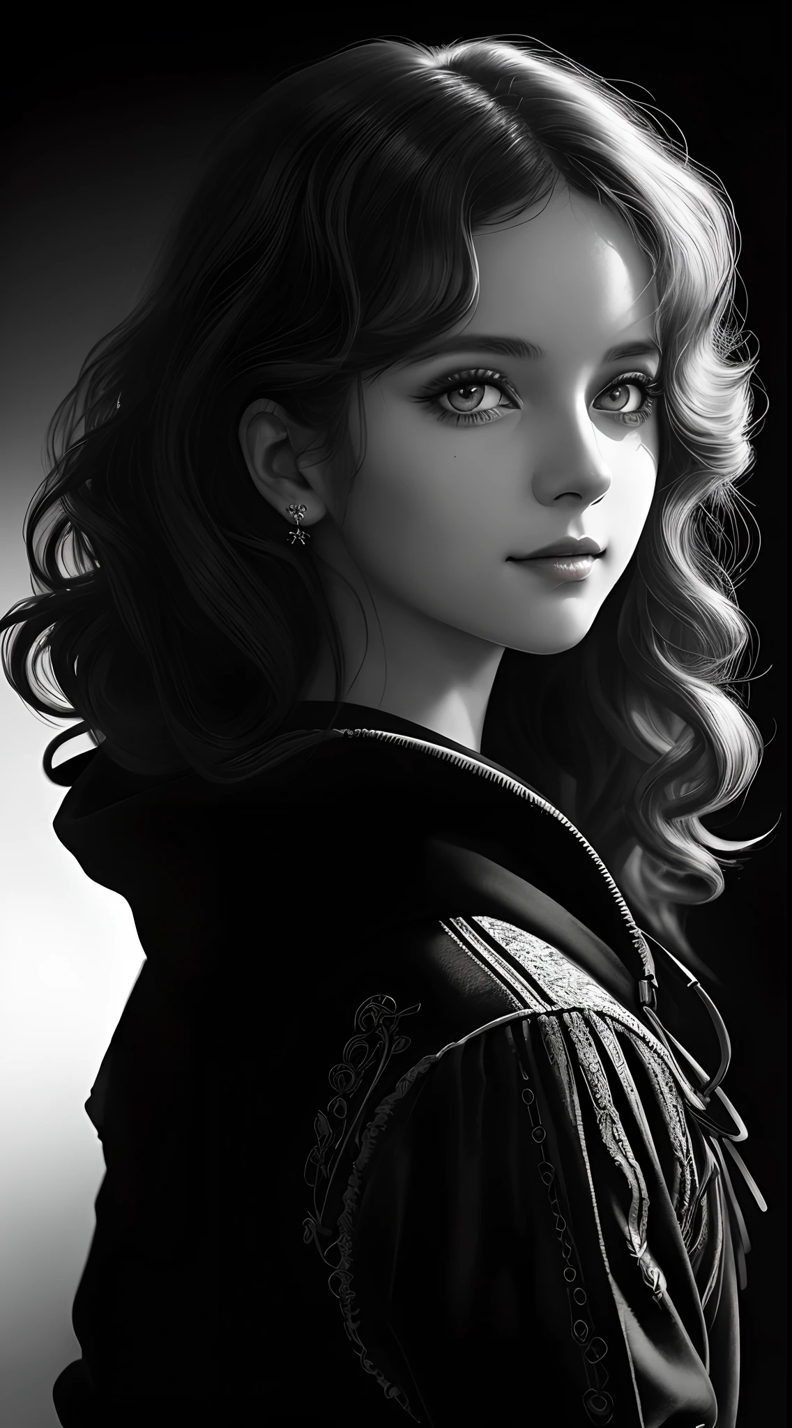 Russian Girl, Trends on ArtStation, Trends on CGSociety, Intricate, High Detail, Clear Focus, Dramatic, Realistic Art of Drawing, by Midjourney and Greg Rutkowski, ((Best Quality)), ((Masterpiece)), High Resolution, Original, Very Detailed Wallpaper, Very Delicate and Pretty, Illustration, Cinematic Light, Volumetric Light, Halo Effect, Light Particles, ((1girl)), beautifuldetailedeyes, longsleeves, hoodie, frills, noshadow, simplebackground, (((black background))), European, bright, (((1980s(style)))), cinema, silhouette, grayscale, monochrome, ((large wavy curls)), slit pupils, (((looking back))), cinematic angles, ((( (close-up))),(((portrait))), lens flare, seductive smile, tarot cards, medium hair