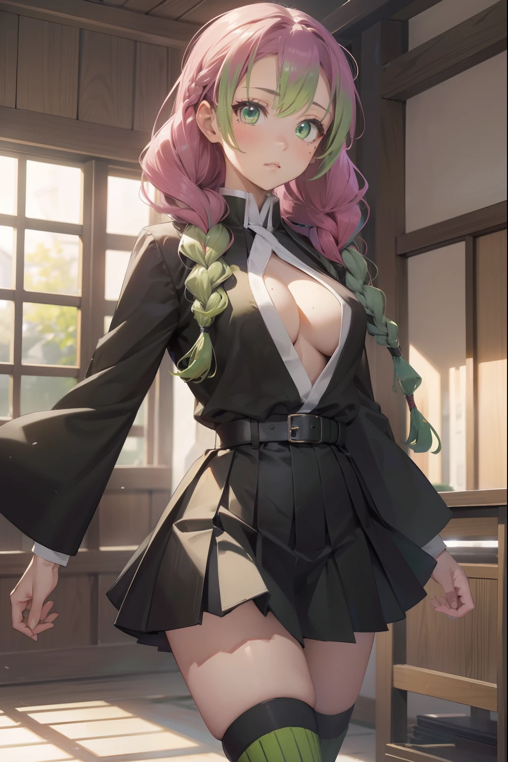 mitsurikanroji, mitsuri kanroji, braid, gradient hair, (green eyes:1.5), green hair, long hair, mole, mole under eye, multicolored hair, pink hair, twin braids, two-tone hair,
BREAK belt, black skirt, cleavage, coat, demon slayer uniform, haori, japanese clothes, long sleeves, miniskirt, partially unbuttoned, pleated skirt, skirt, uniform,
BREAK looking at viewer,
BREAK indoors,
BREAK (masterpiece:1.2), best quality, high resolution, unity 8k wallpaper, (illustration:0.8), (beautiful detailed eyes:1.6), extremely detailed face, perfect lighting, extremely detailed CG, (perfect hands, perfect anatomy),