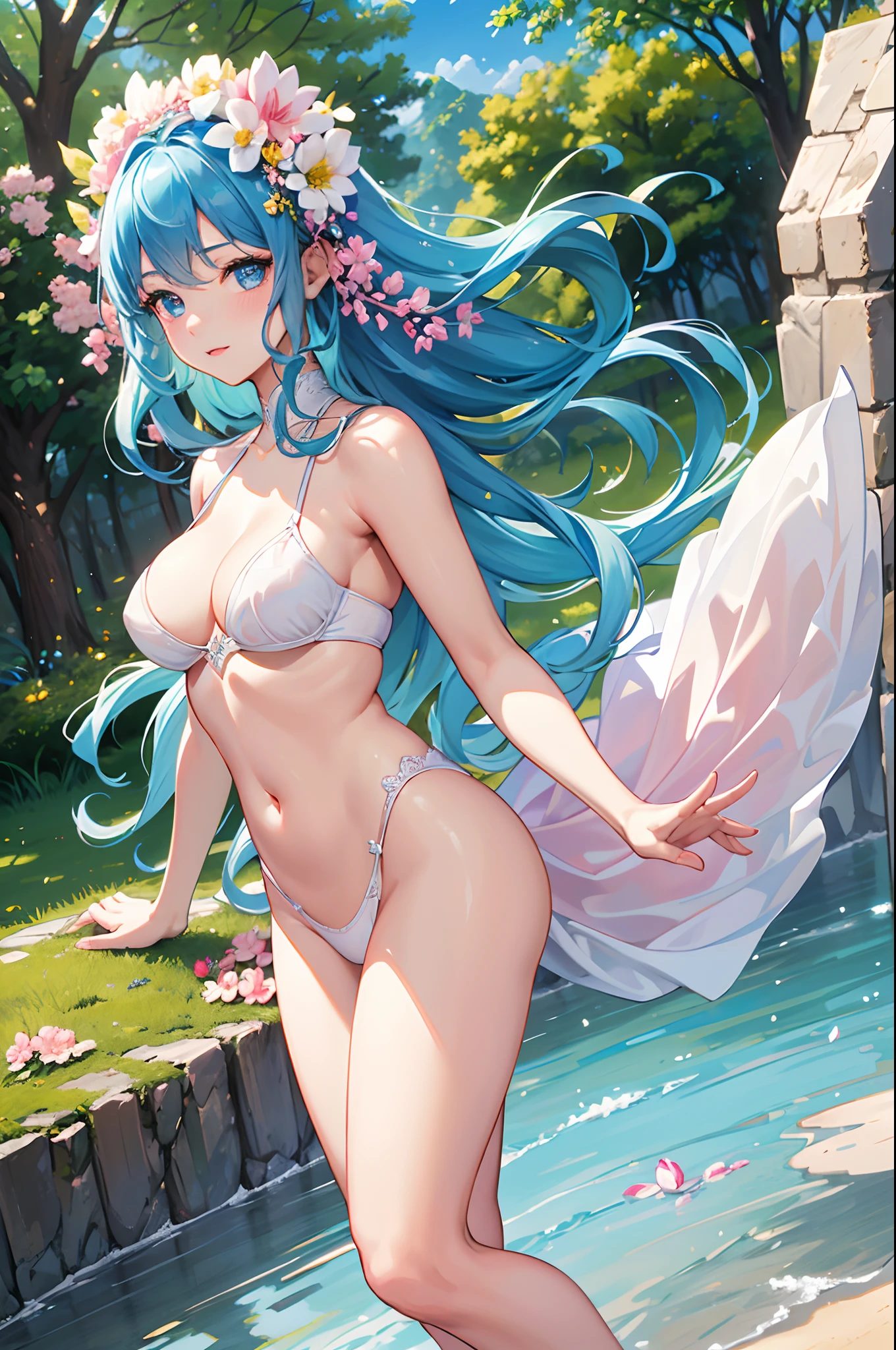 (best quality,4k,8k,highres,masterpiece:1.2),ultra-detailed,realistic,beautiful girl,blue hair,blue eyes,pink panties,soft and smooth skin,natural beauty,girlish charm,gentle smile,wavy hair,delicate features,long eyelashes,rosy cheeks,fair complexion,flawless complexion,elegant posture,feminine grace,airy outfit,fantastic garden background,subtle sunlight,fresh air,vibrant colors,lush greenery,fragrant flowers,slender figure,supple body,pink blush,lively expression,dynamic pose,ethereal beauty,happy and carefree,luminous glow,playful atmosphere,serene ambiance,magical atmosphere,light breeze,crystal-clear eyes,sweet innocence,innocent curiosity,timeless beauty,stunning appearance,unforgettable image,artistic masterpiece,portrait style,photo-realistic rendering,exquisite details,impeccable craftsmanship
