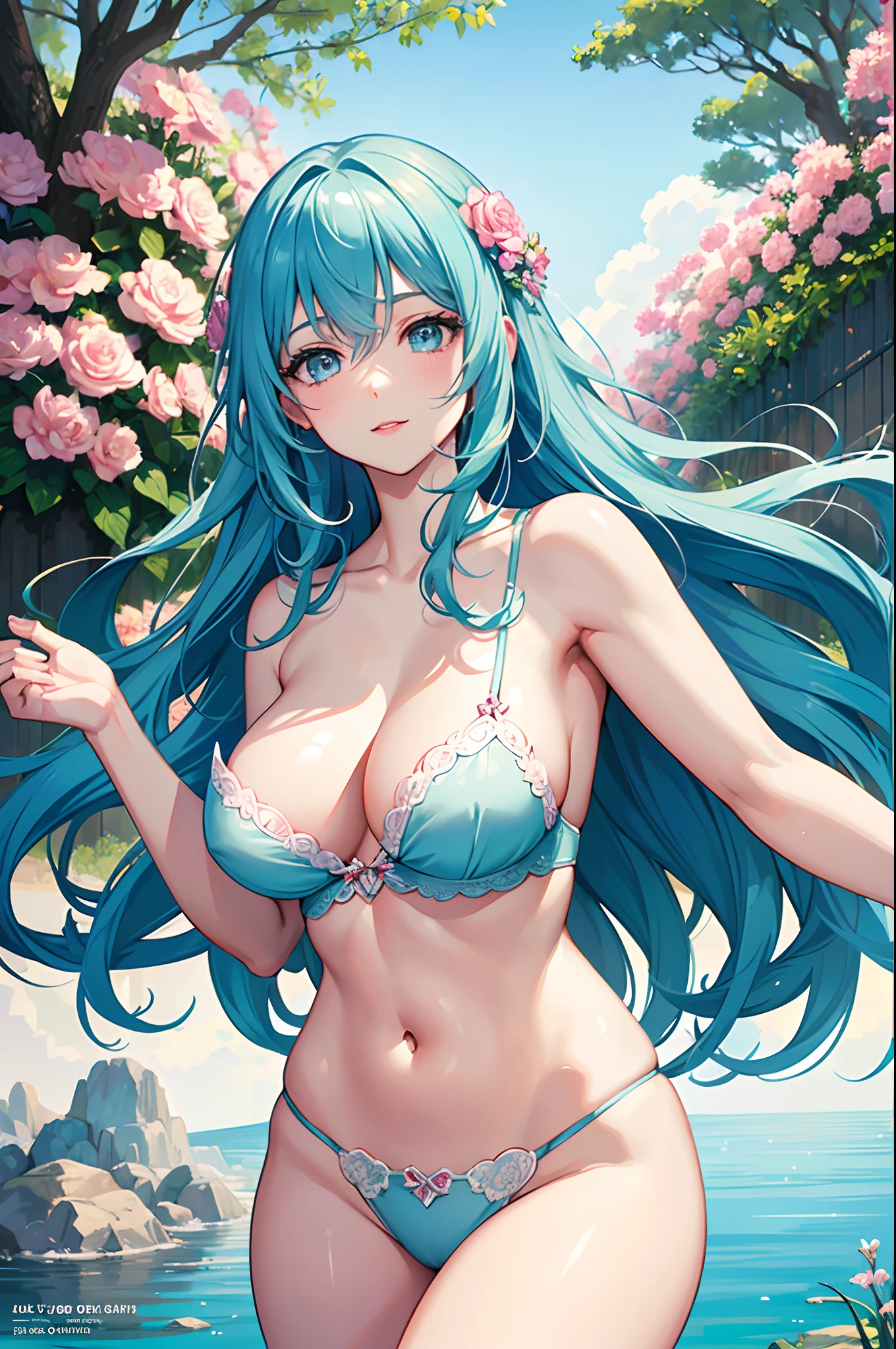 (best quality,4k,8k,highres,masterpiece:1.2),ultra-detailed,realistic,beautiful girl,blue hair,blue eyes,pink panties,soft and smooth skin,natural beauty,girlish charm,gentle smile,wavy hair,delicate features,long eyelashes,rosy cheeks,fair complexion,flawless complexion,elegant posture,feminine grace,airy outfit,fantastic garden background,subtle sunlight,fresh air,vibrant colors,lush greenery,fragrant flowers,slender figure,supple body,pink blush,lively expression,dynamic pose,ethereal beauty,happy and carefree,luminous glow,playful atmosphere,serene ambiance,magical atmosphere,light breeze,crystal-clear eyes,sweet innocence,innocent curiosity,timeless beauty,stunning appearance,unforgettable image,artistic masterpiece,portrait style,photo-realistic rendering,exquisite details,impeccable craftsmanship