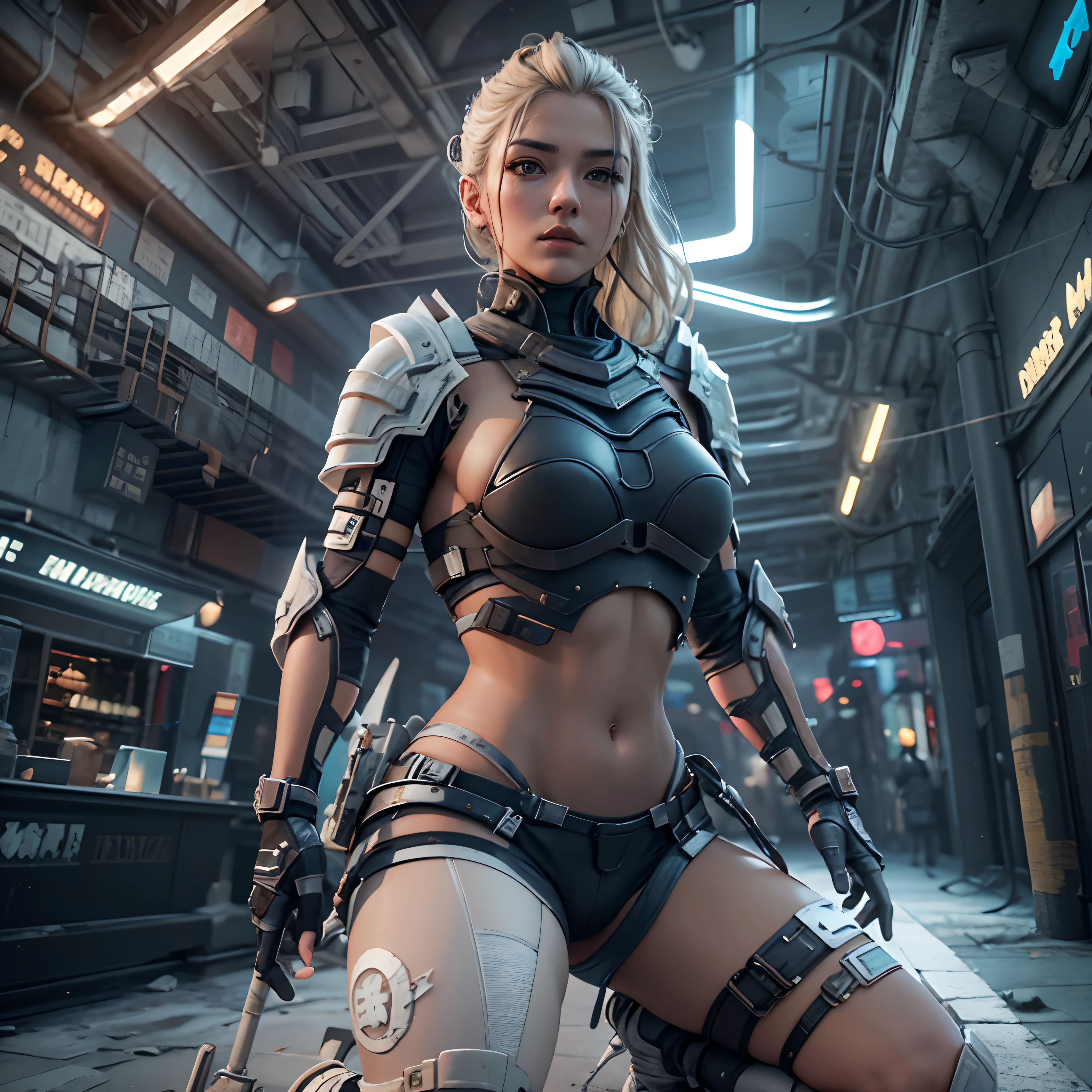 (Best quality)), ((masterpiece)), (detailed:1.4), 3D, an image of a beautiful blonde cyberpunk female,HDR (High Dynamic Range),Ray Tracing,NVIDIA RTX,Super-Resolution,Unreal 5,Subsurface scattering,PBR Texturing,Post-processing,Anisotropic Filtering,Depth-of-field,Maximum clarity and sharpness,Multi-layered textures,Albedo and Specular maps,Surface shading,Accurate simulation of light-material interaction,Perfect proportions,Octane Render,Two-tone lighting,Wide aperture,Low ISO,White balance,Rule of thirds,8K RAW, black armour, dark knight, sky trail backdrop, galaxy backdrop